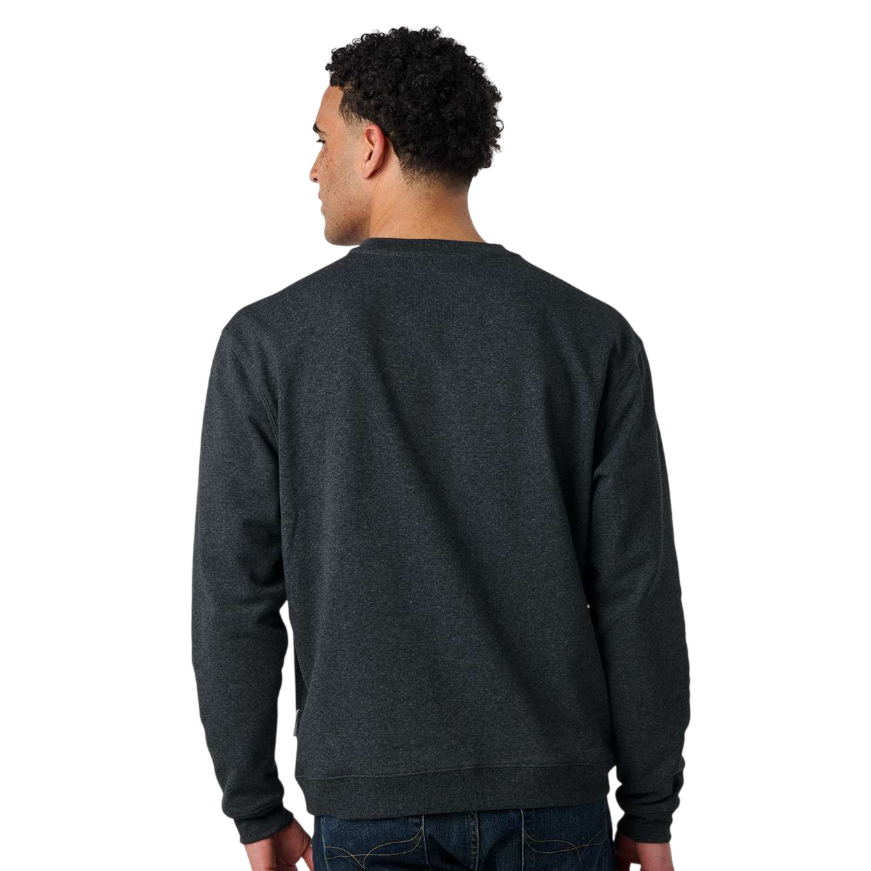Charcoal Recover Crewneck Pullover Sweatshirt in a soft, retail-fit design with a brushed fleece lining, ribbed cuffs and waistband, and subtle Recover branding at the left hip, made from recycled cotton and recycled polyester for comfortable everyday wear.