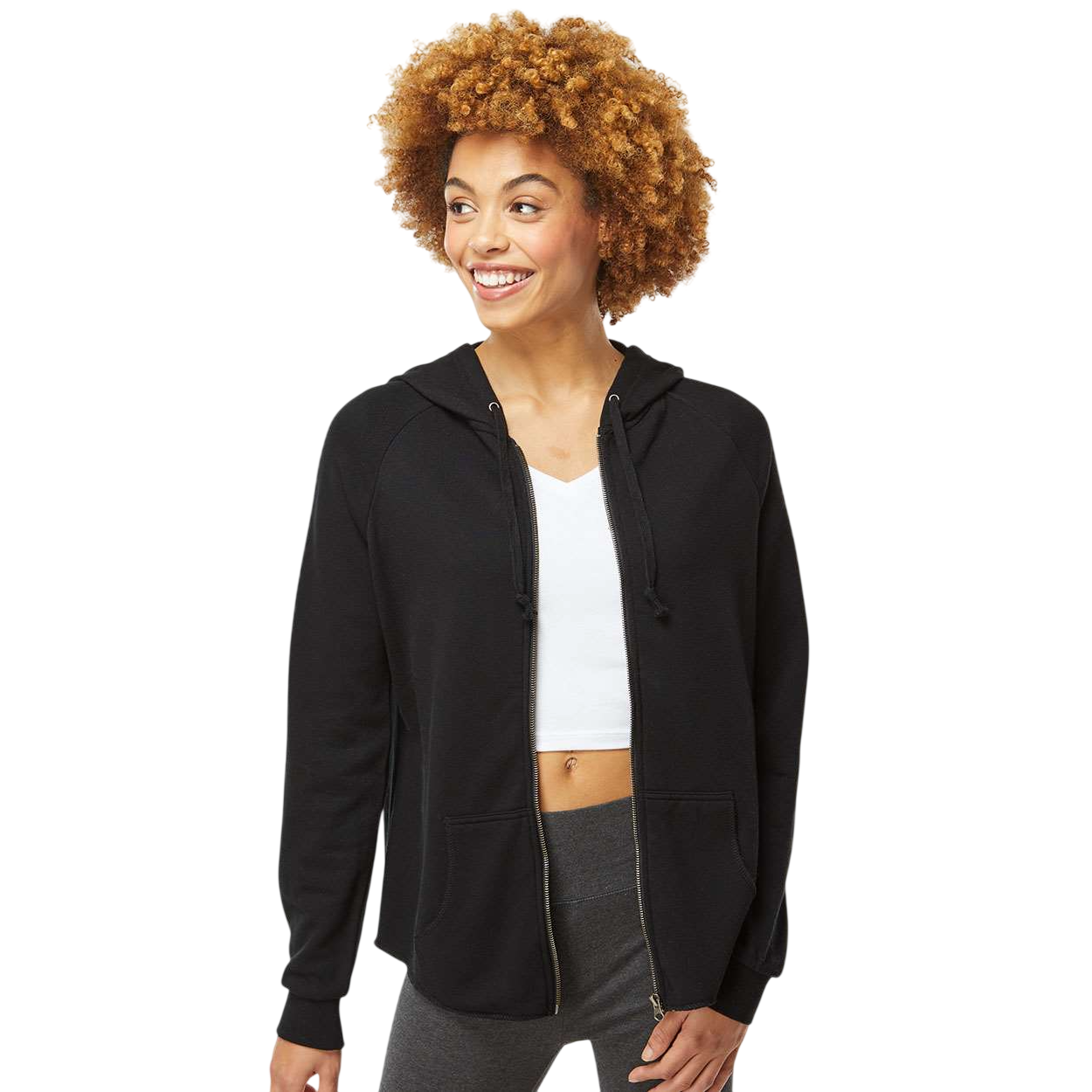 Black Independent Trading Co. Women’s California Wave Wash Full-Zip Hooded Sweatshirt in a soft wave-washed finish, featuring a full front zipper, hood, raglan sleeves, antique nickel zipper, and classic fit in a cotton/polyester fleece blend.