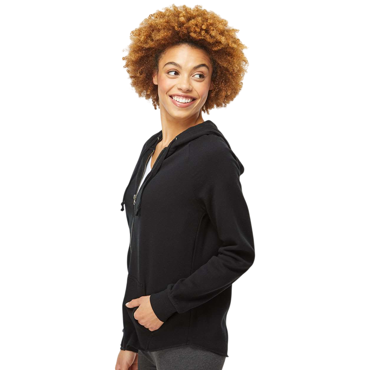 Black Independent Trading Co. Women’s California Wave Wash Full-Zip Hooded Sweatshirt in a soft wave-washed finish, featuring a full front zipper, hood, raglan sleeves, antique nickel zipper, and classic fit in a cotton/polyester fleece blend.