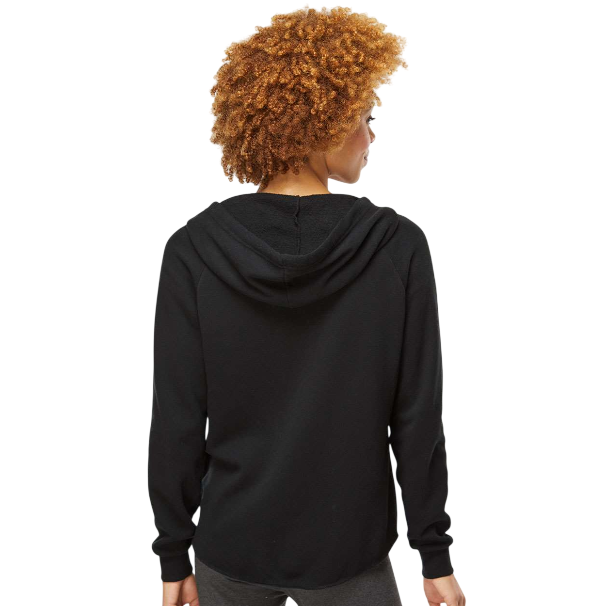Black Independent Trading Co. Women’s California Wave Wash Full-Zip Hooded Sweatshirt in a soft wave-washed finish, featuring a full front zipper, hood, raglan sleeves, antique nickel zipper, and classic fit in a cotton/polyester fleece blend.