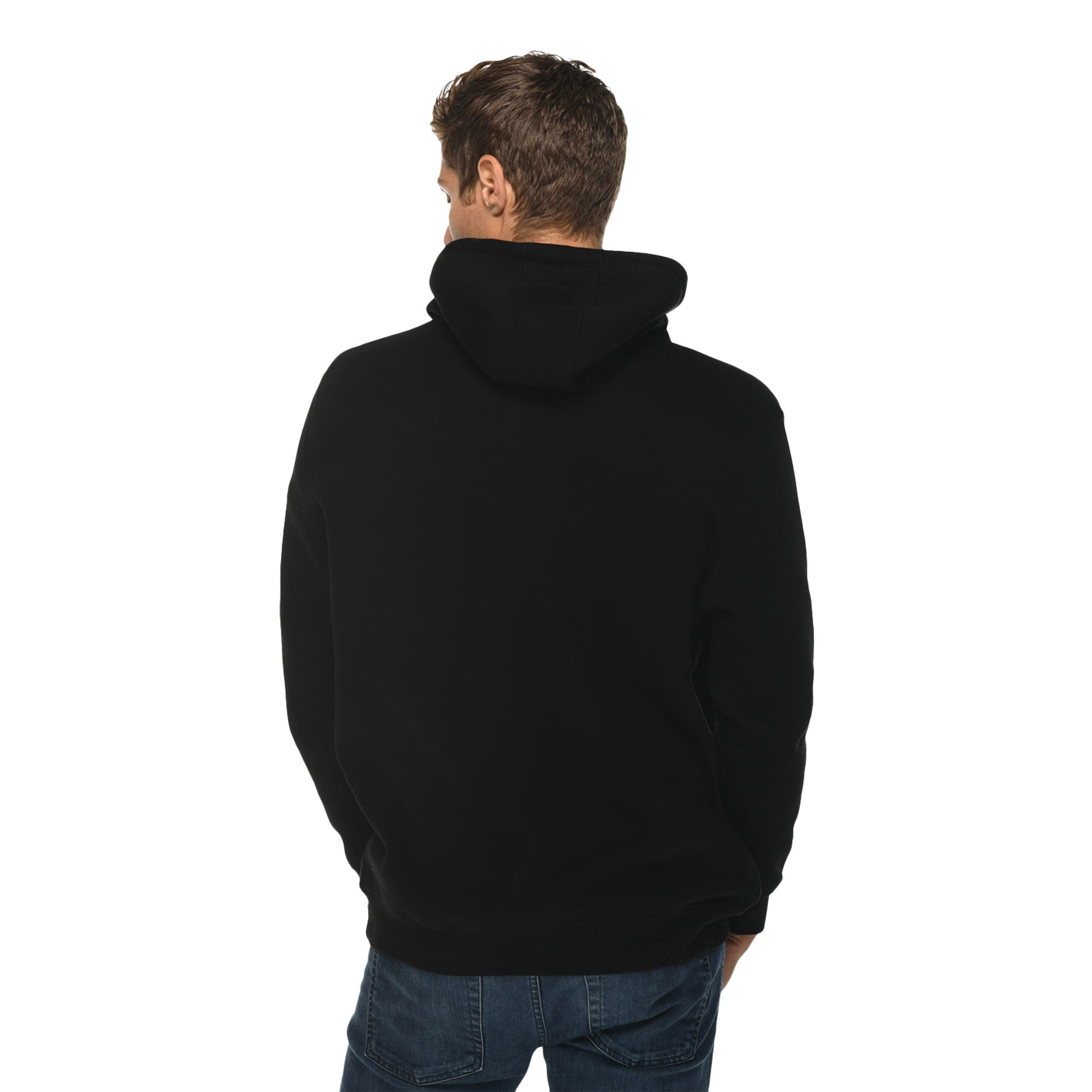 Black heavyweight fleece pullover hoodie made from a cotton and recycled polyester blend with a three-panel fleece-lined hood, kangaroo pocket, ribbed cuffs and waistband, and durable construction.