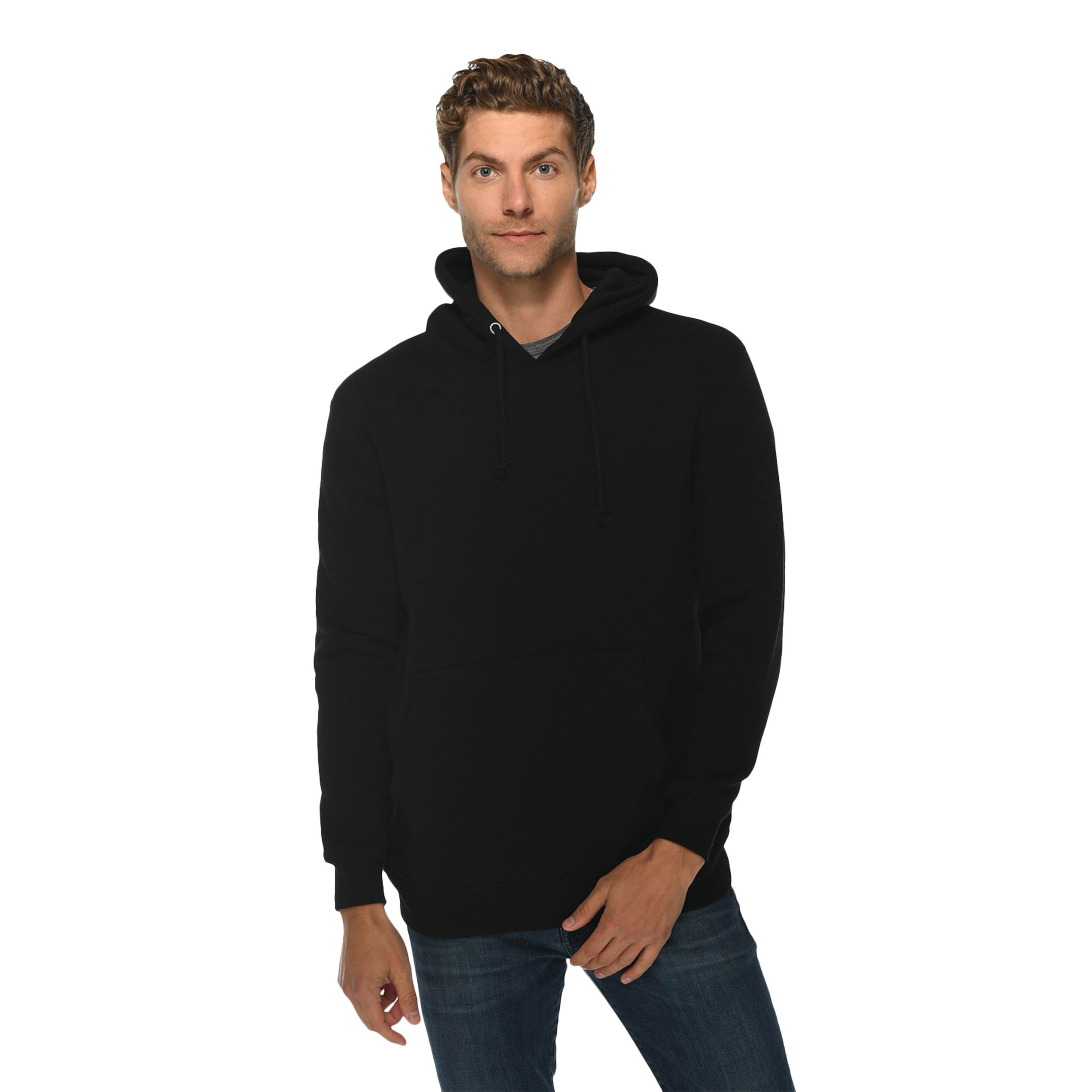 Black heavyweight fleece pullover hoodie made from a cotton and recycled polyester blend with a three-panel fleece-lined hood, kangaroo pocket, ribbed cuffs and waistband, and durable construction.