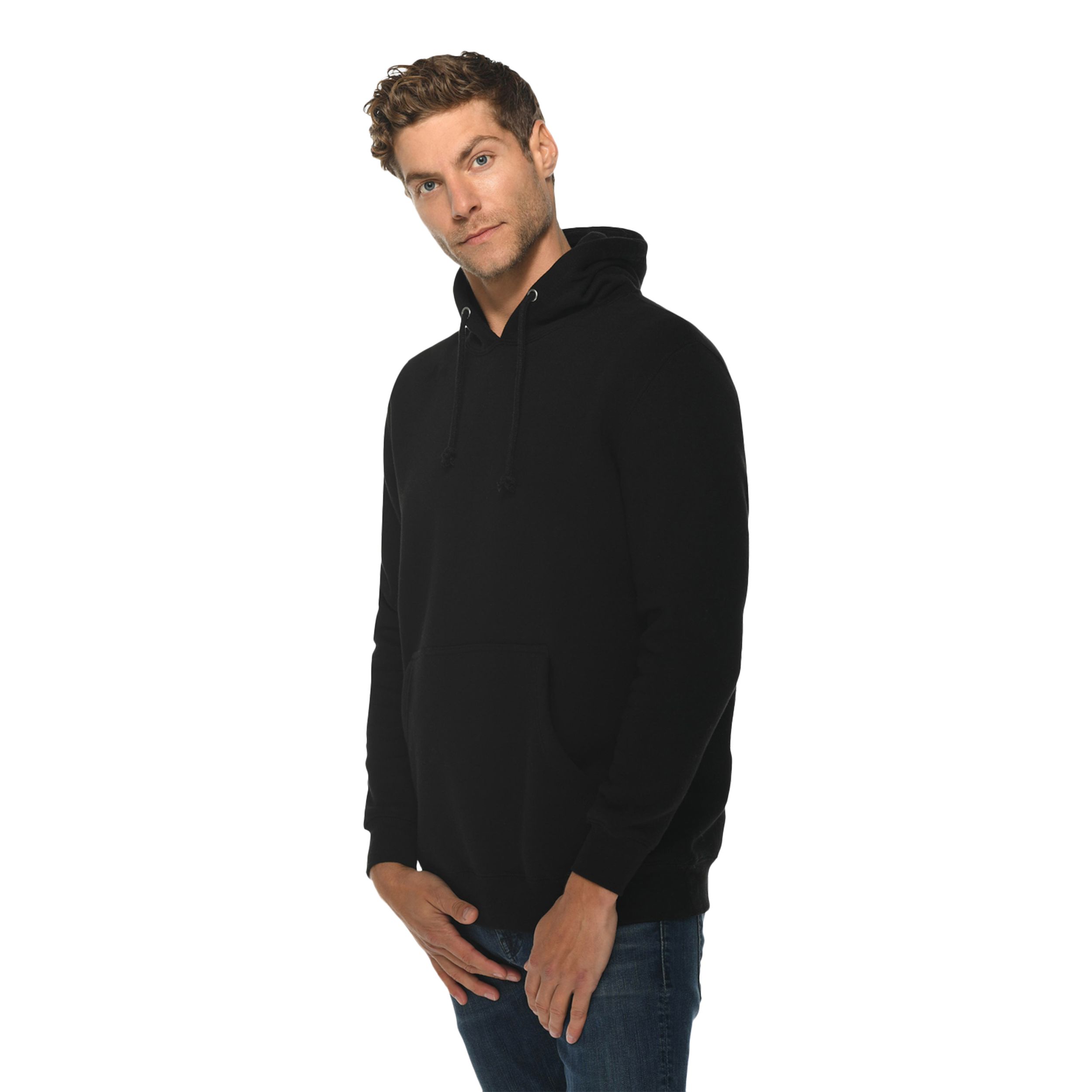 Black heavyweight fleece pullover hoodie made from a cotton and recycled polyester blend with a three-panel fleece-lined hood, kangaroo pocket, ribbed cuffs and waistband, and durable construction.
