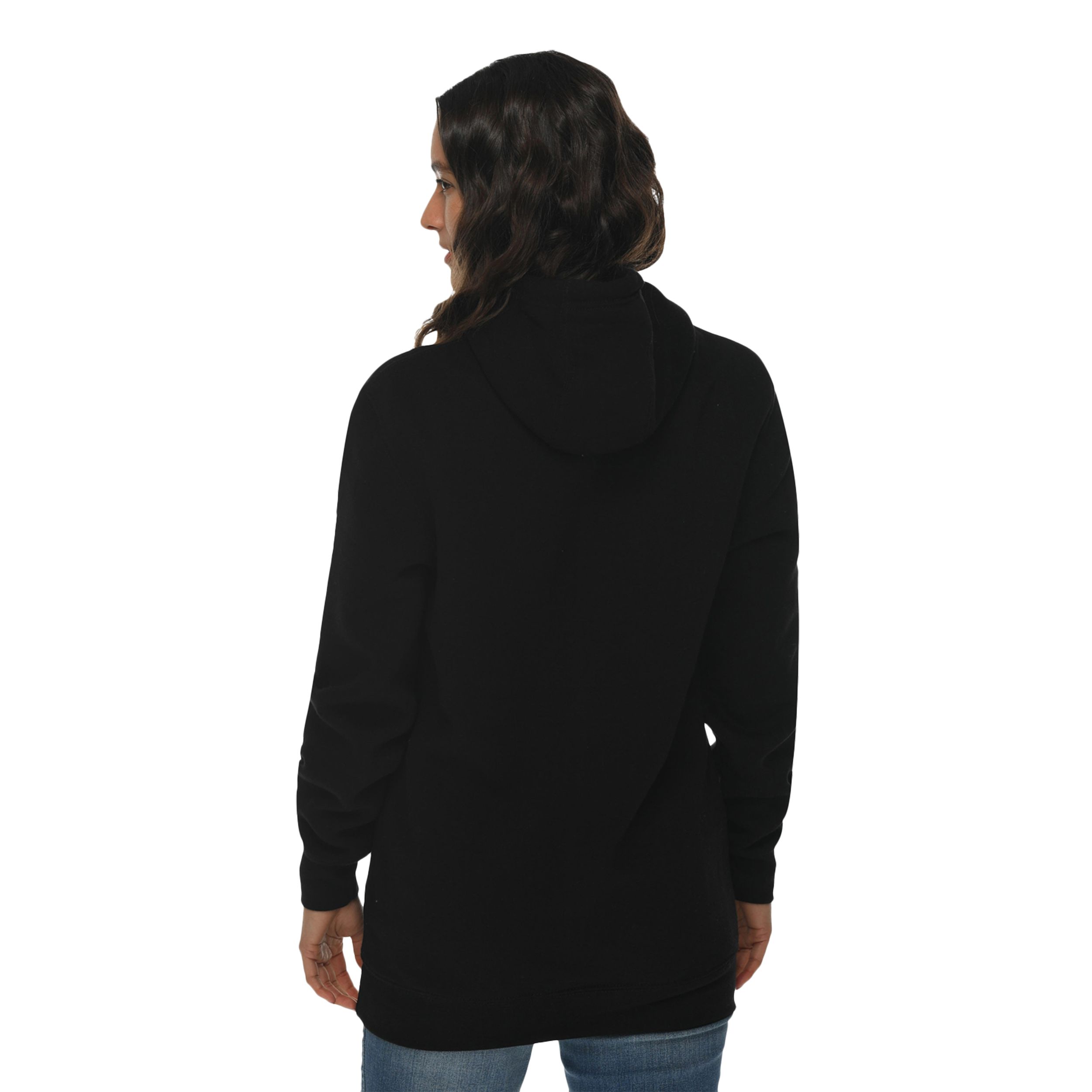 Black heavyweight fleece pullover hoodie made from a cotton and recycled polyester blend with a three-panel fleece-lined hood, kangaroo pocket, ribbed cuffs and waistband, and durable construction.