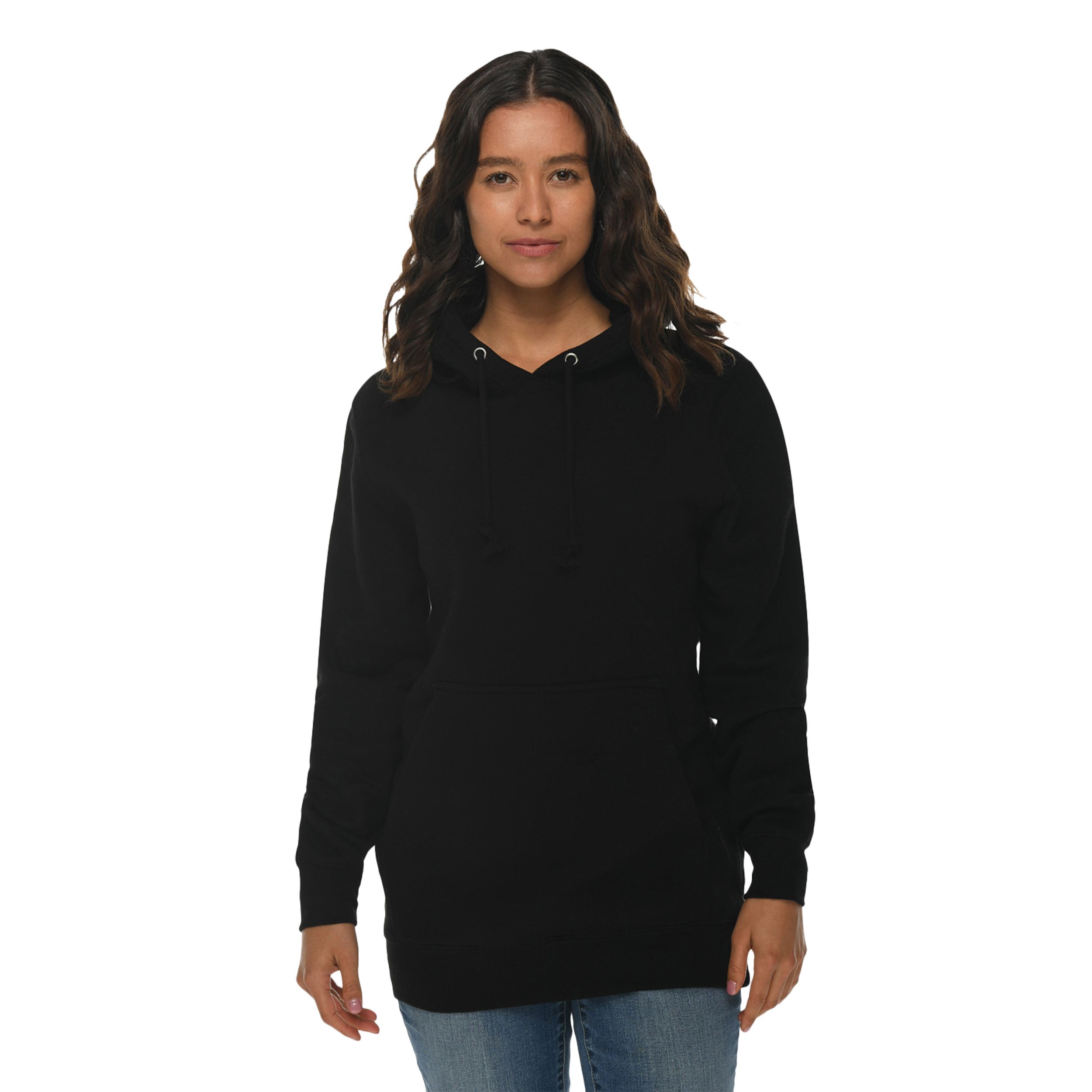 Black heavyweight fleece pullover hoodie made from a cotton and recycled polyester blend with a three-panel fleece-lined hood, kangaroo pocket, ribbed cuffs and waistband, and durable construction.