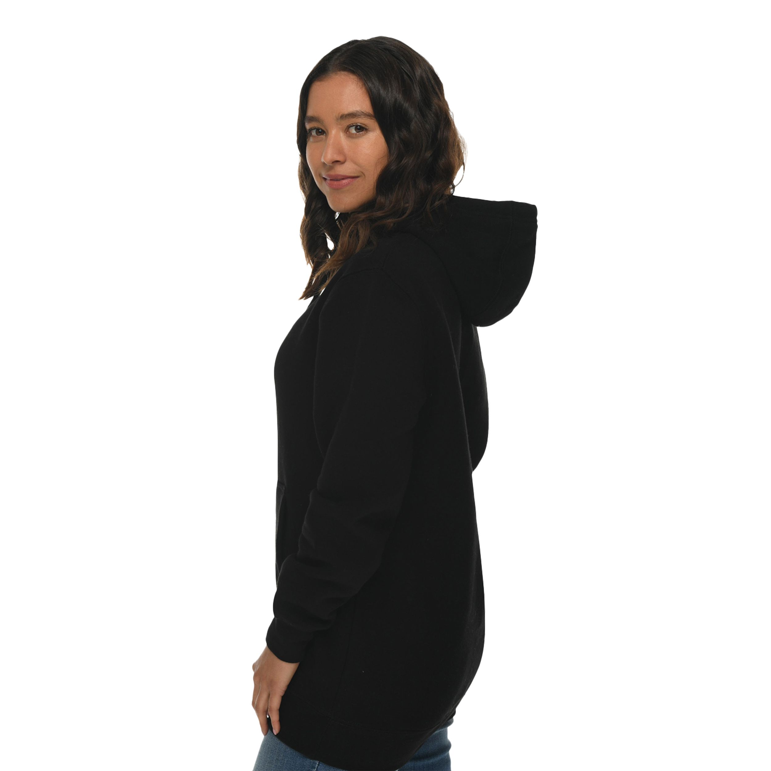 Black heavyweight fleece pullover hoodie made from a cotton and recycled polyester blend with a three-panel fleece-lined hood, kangaroo pocket, ribbed cuffs and waistband, and durable construction.