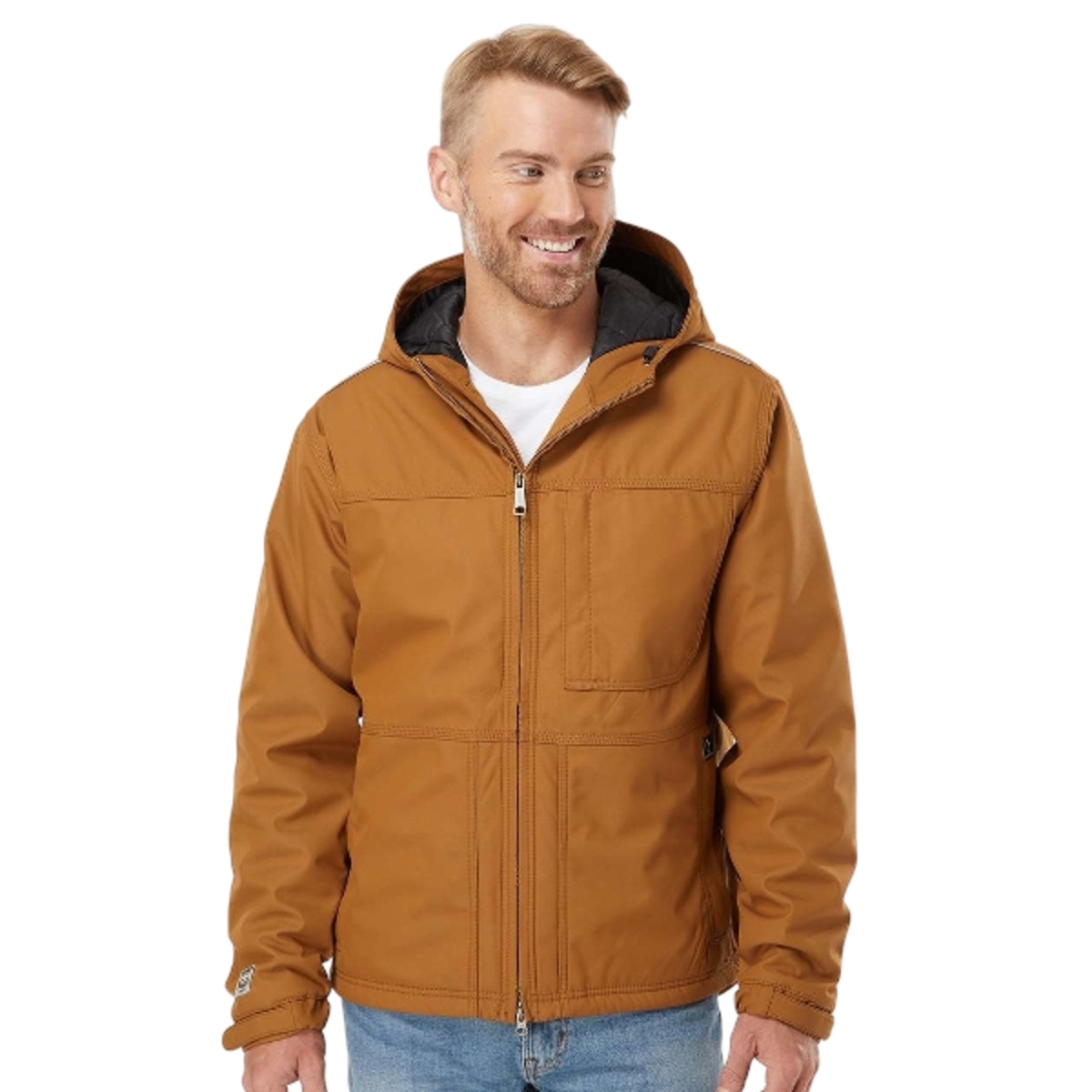 Rugged insulated canvas jacket with quilted lining, water-resistant DWR finish, reflective details, adjustable hood, heavy-duty two-way zipper, and zippered pockets