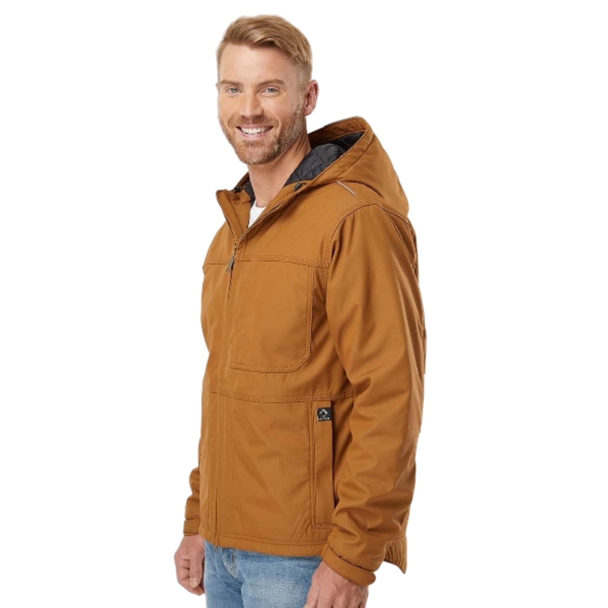 Rugged insulated canvas jacket with quilted lining, water-resistant DWR finish, reflective details, adjustable hood, heavy-duty two-way zipper, and zippered pockets