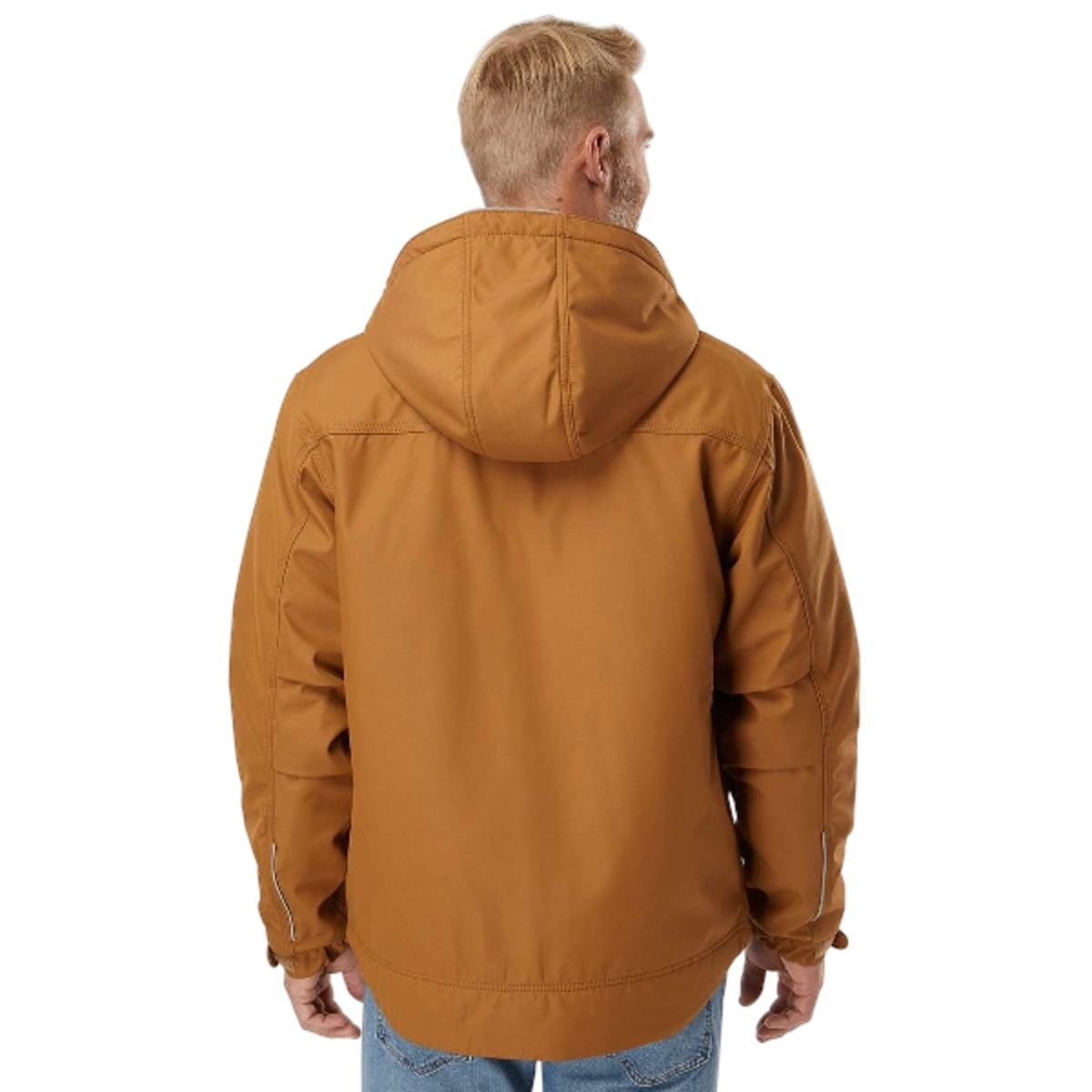 Rugged insulated canvas jacket with quilted lining, water-resistant DWR finish, reflective details, adjustable hood, heavy-duty two-way zipper, and zippered pockets