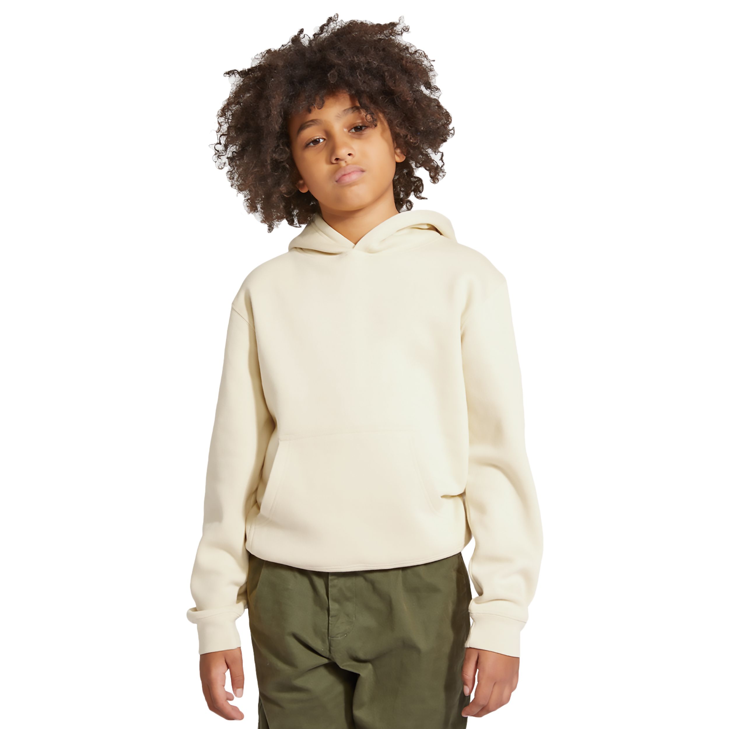 Sand youth fleece pullover hoodie made from a soft cotton and recycled polyester blend with a three-panel fleece-lined hood, kangaroo pocket, ribbed cuffs and waistband, and durable construction.