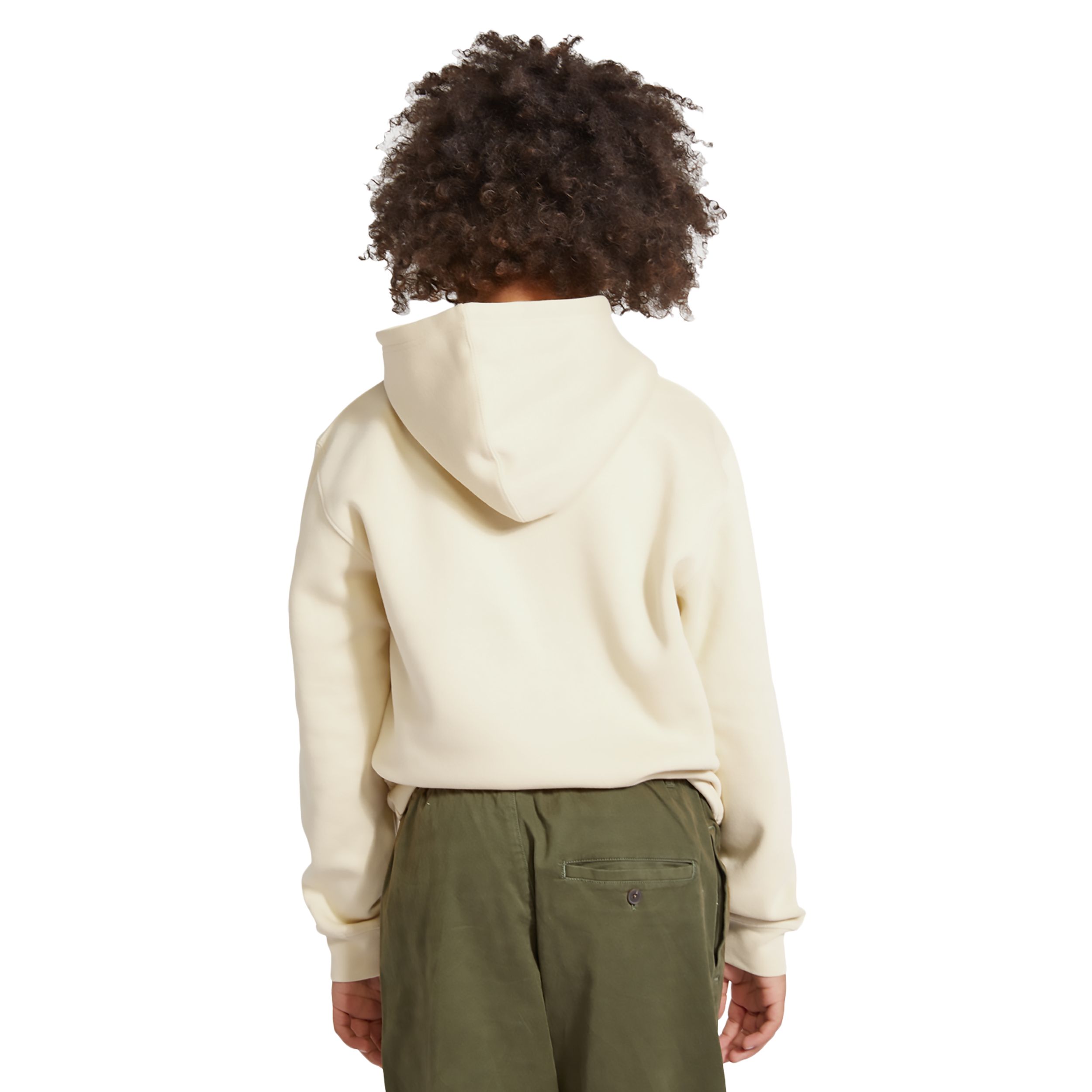 Sand youth fleece pullover hoodie made from a soft cotton and recycled polyester blend with a three-panel fleece-lined hood, kangaroo pocket, ribbed cuffs and waistband, and durable construction.