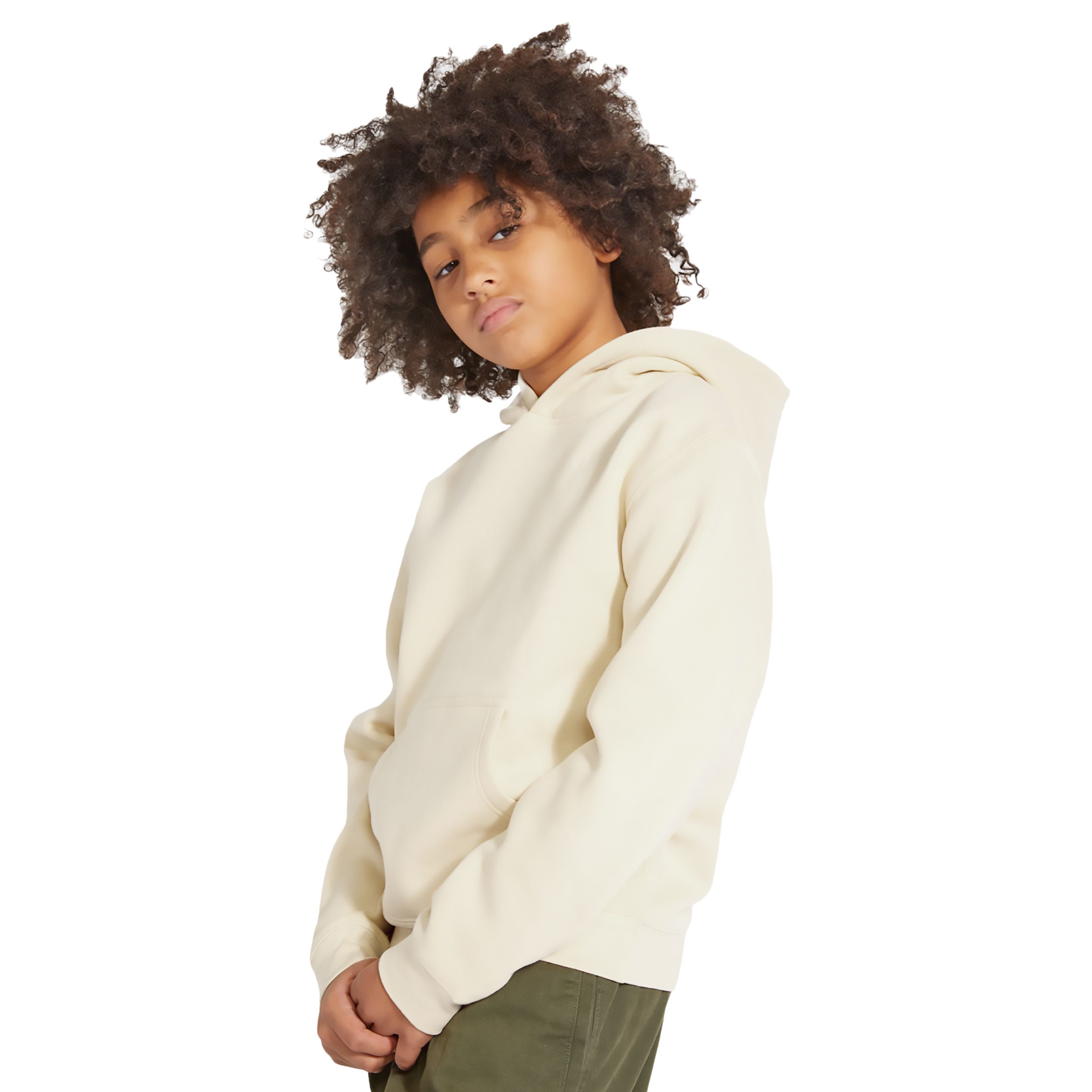 Sand youth fleece pullover hoodie made from a soft cotton and recycled polyester blend with a three-panel fleece-lined hood, kangaroo pocket, ribbed cuffs and waistband, and durable construction.