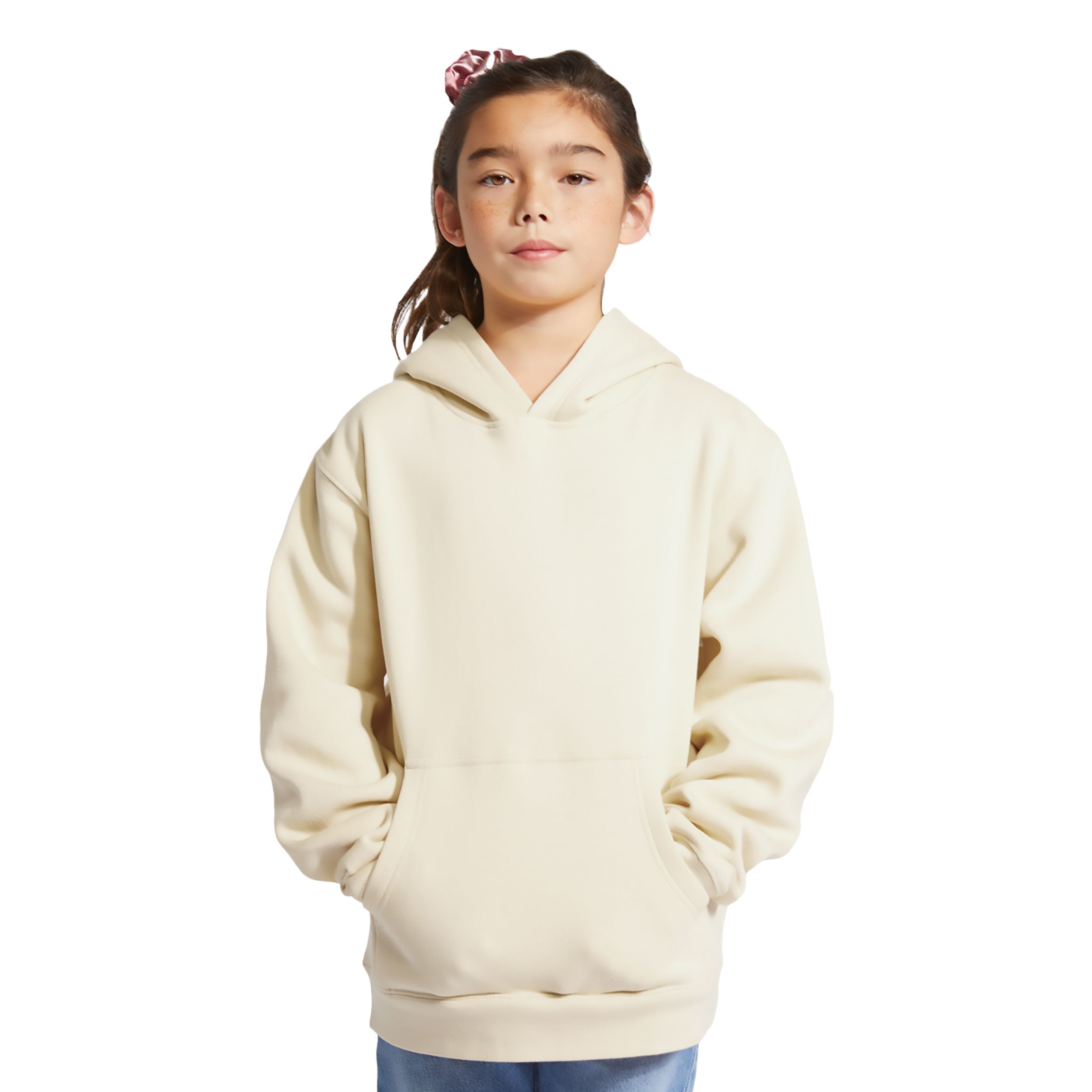 Sand youth fleece pullover hoodie made from a soft cotton and recycled polyester blend with a three-panel fleece-lined hood, kangaroo pocket, ribbed cuffs and waistband, and durable construction.