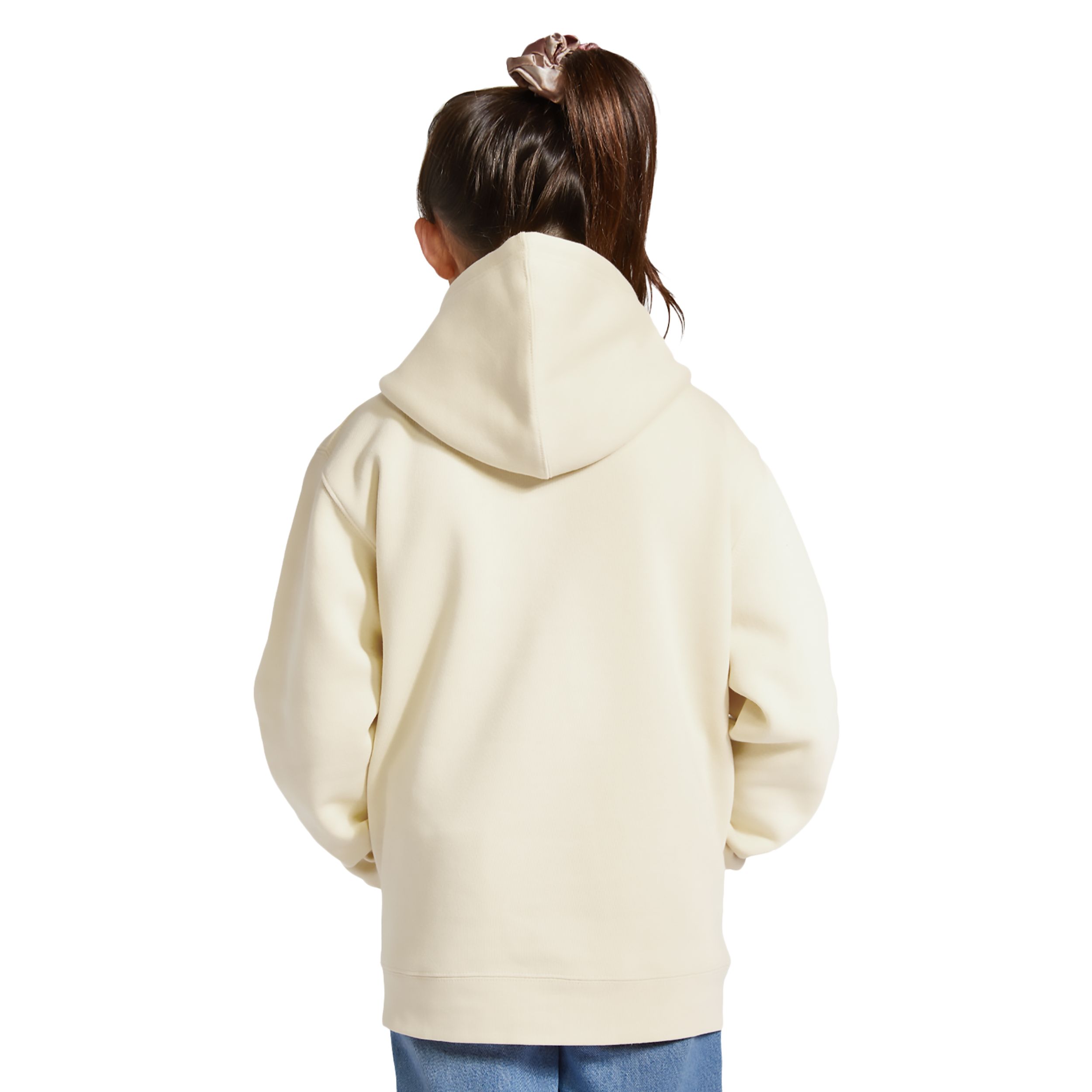 Sand youth fleece pullover hoodie made from a soft cotton and recycled polyester blend with a three-panel fleece-lined hood, kangaroo pocket, ribbed cuffs and waistband, and durable construction.