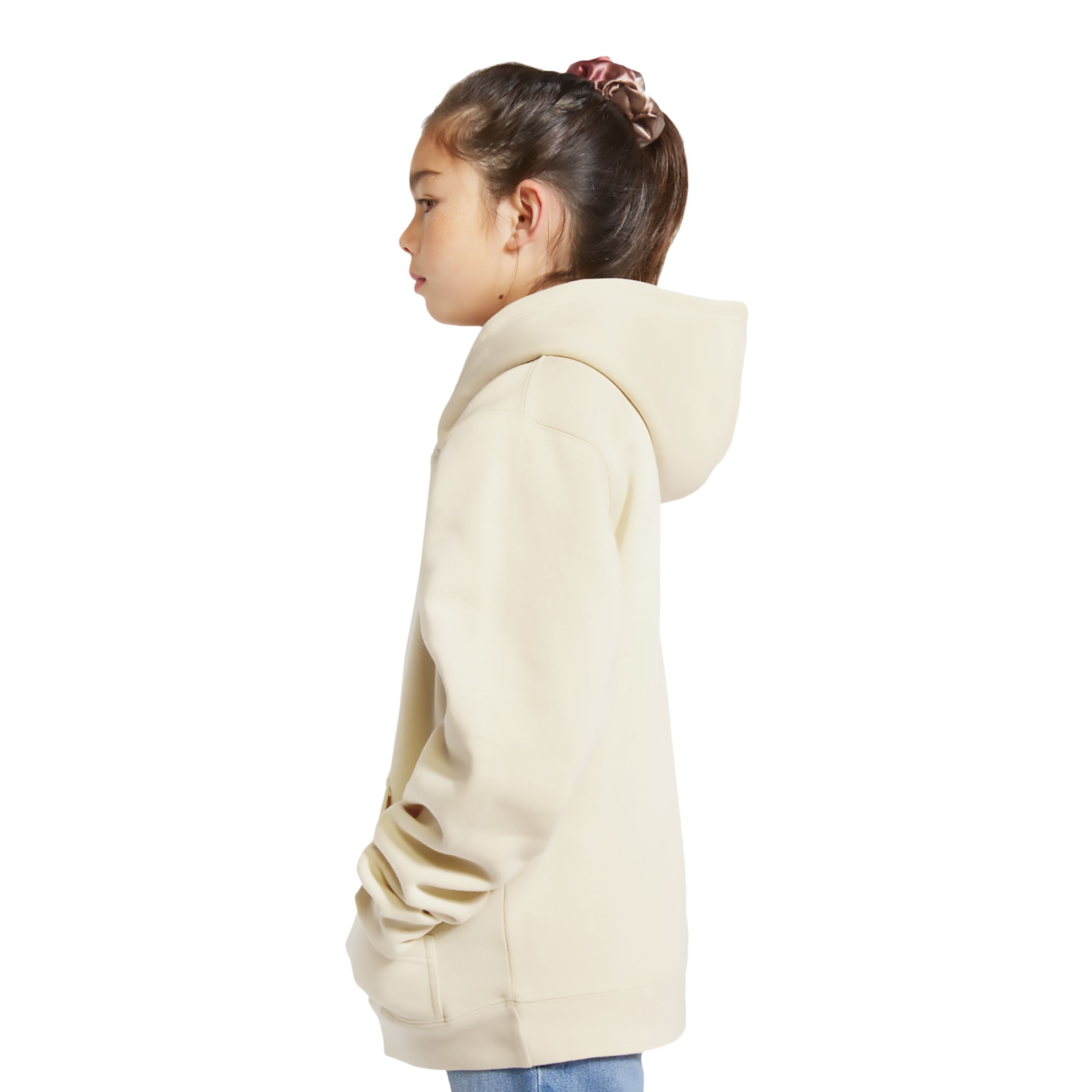 Sand youth fleece pullover hoodie made from a soft cotton and recycled polyester blend with a three-panel fleece-lined hood, kangaroo pocket, ribbed cuffs and waistband, and durable construction.