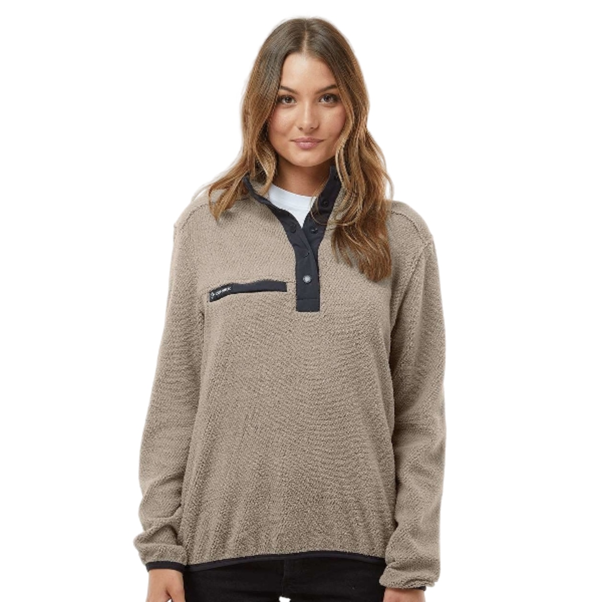 Sherpa fleece pullover with UPF 50+ protection, anti-pill and anti-static finishes, stretch binding, five-snap placket, and snap-closure chest pocket.