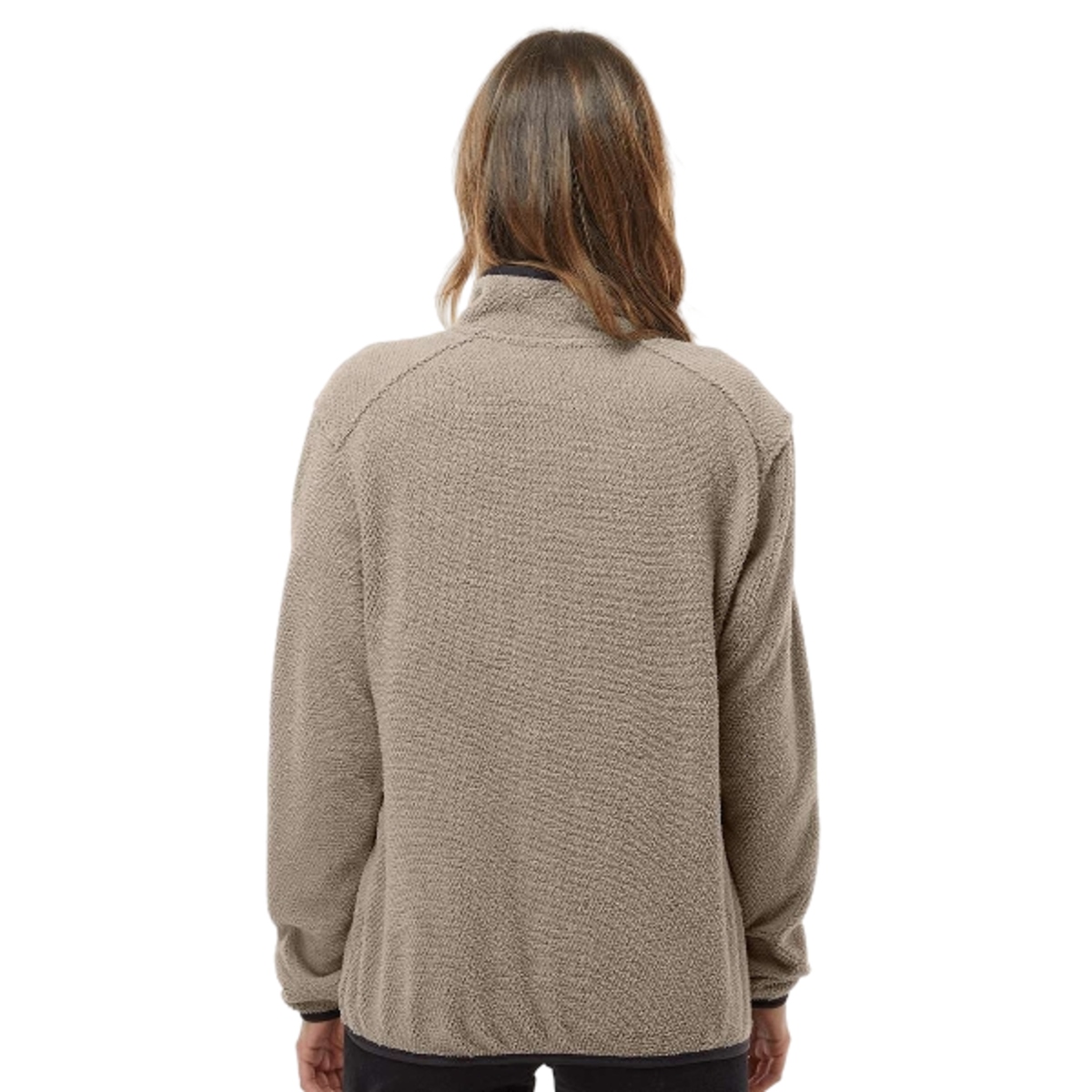 Sherpa fleece pullover with UPF 50+ protection, anti-pill and anti-static finishes, stretch binding, five-snap placket, and snap-closure chest pocket.
