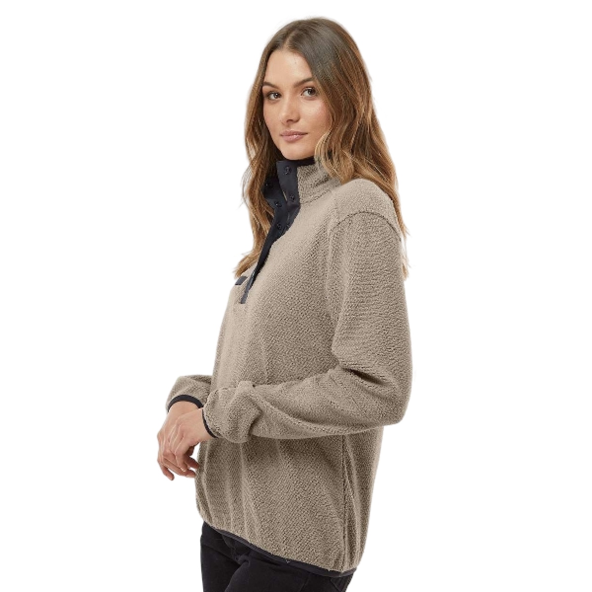 Sherpa fleece pullover with UPF 50+ protection, anti-pill and anti-static finishes, stretch binding, five-snap placket, and snap-closure chest pocket.