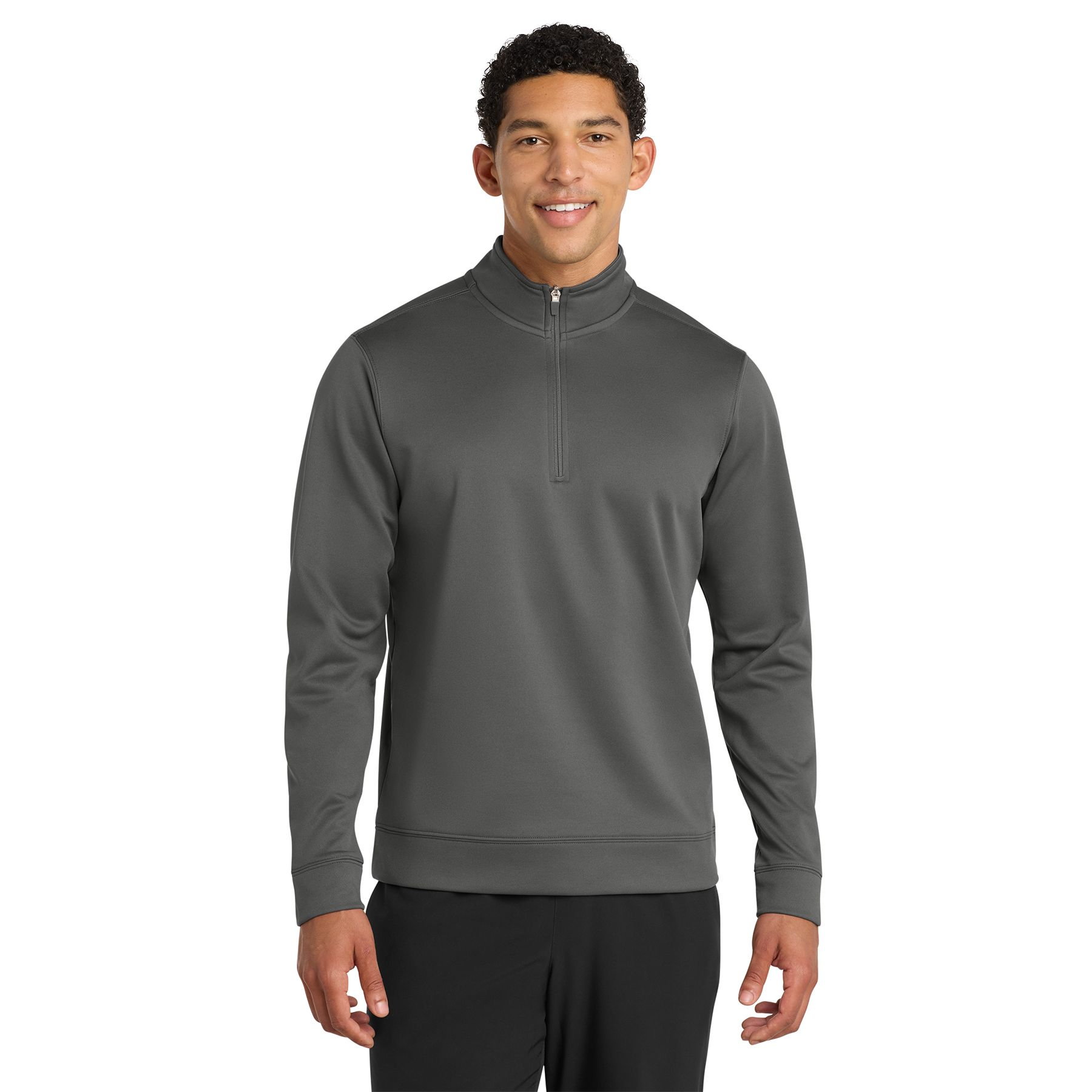 Charcoal Port & Company Performance Fleece 1/4-Zip Pullover Sweatshirt in lightweight polyester fleece, featuring a 1/4-zip front, cadet collar, self-fabric cuffs and hem, and an athletic pullover design for activewear and casual use.