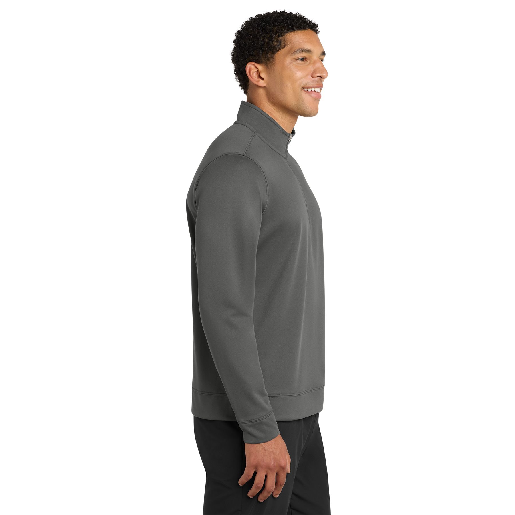 Charcoal Port & Company Performance Fleece 1/4-Zip Pullover Sweatshirt in lightweight polyester fleece, featuring a 1/4-zip front, cadet collar, self-fabric cuffs and hem, and an athletic pullover design for activewear and casual use.