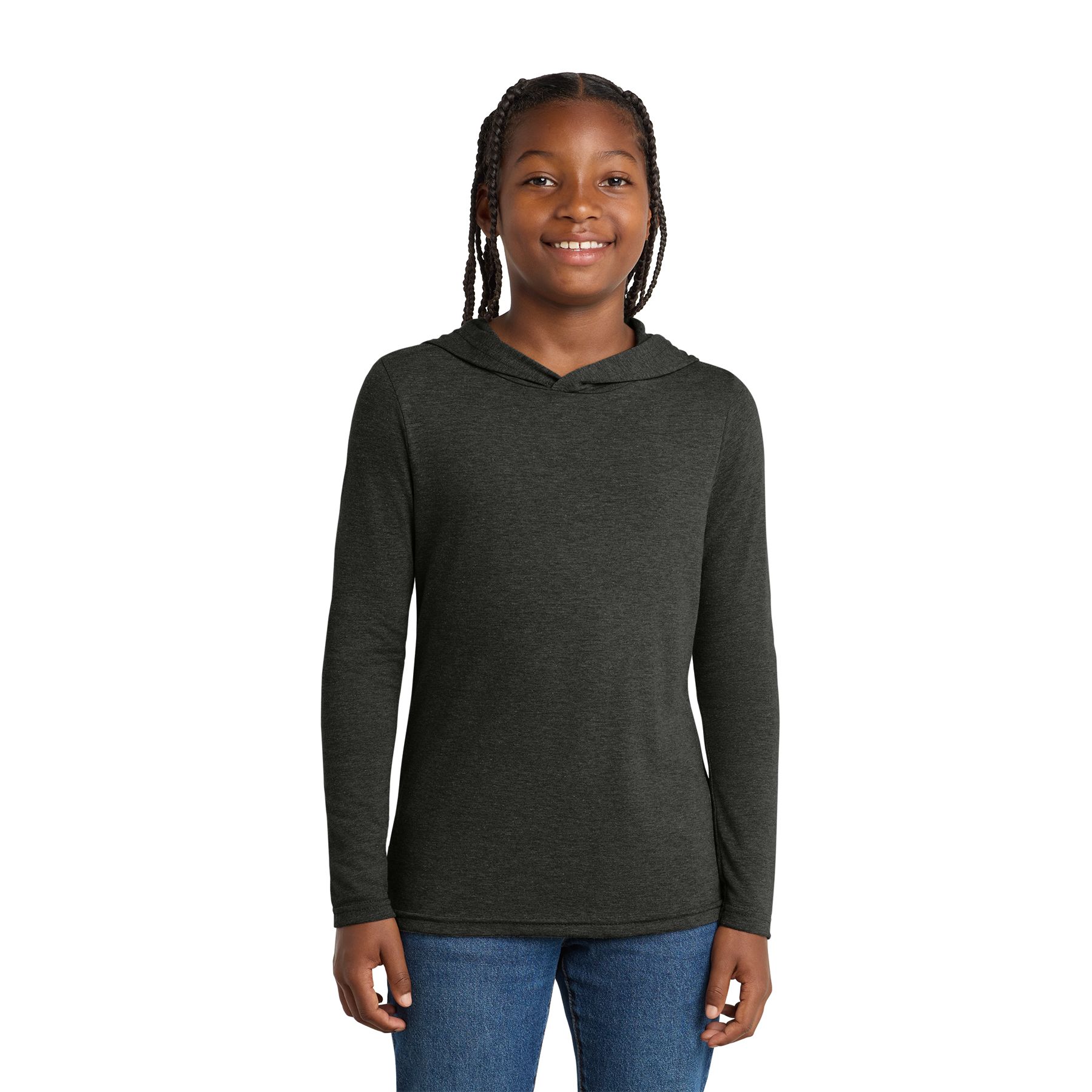 Black Frost District Youth Perfect Tri® Long Sleeve Hoodie in a soft tri-blend fabric, featuring long sleeves, a hood, and a lightweight design in a versatile style for youth teams, schools, events, and casual layering.
