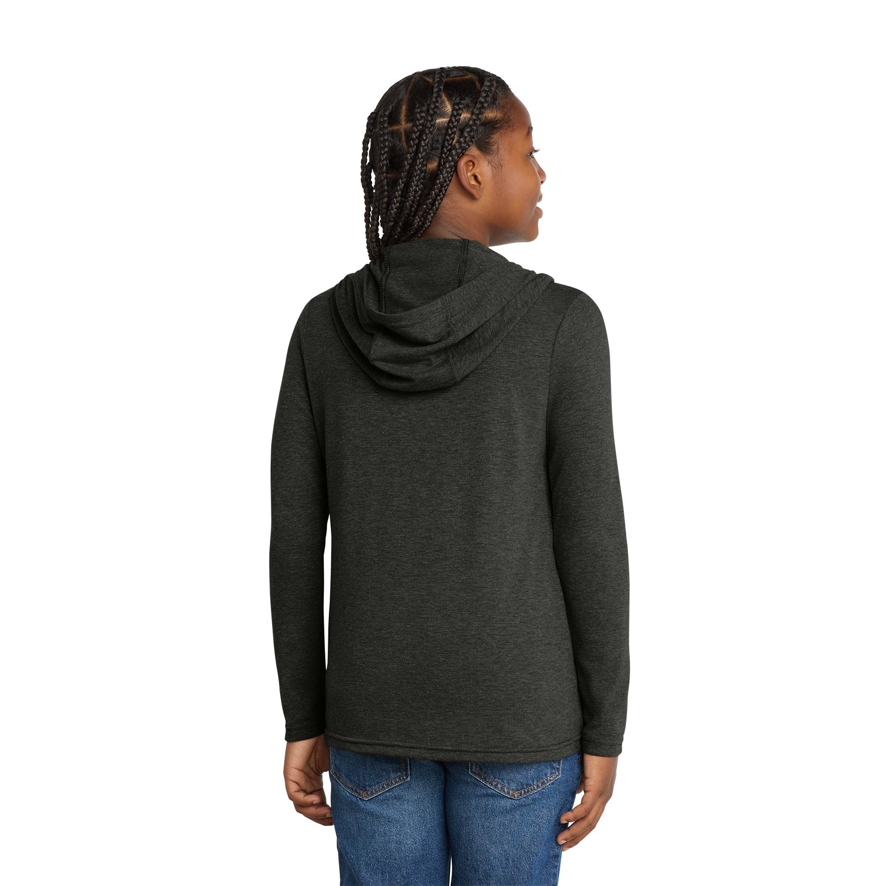Black Frost District Youth Perfect Tri® Long Sleeve Hoodie in a soft tri-blend fabric, featuring long sleeves, a hood, and a lightweight design in a versatile style for youth teams, schools, events, and casual layering.