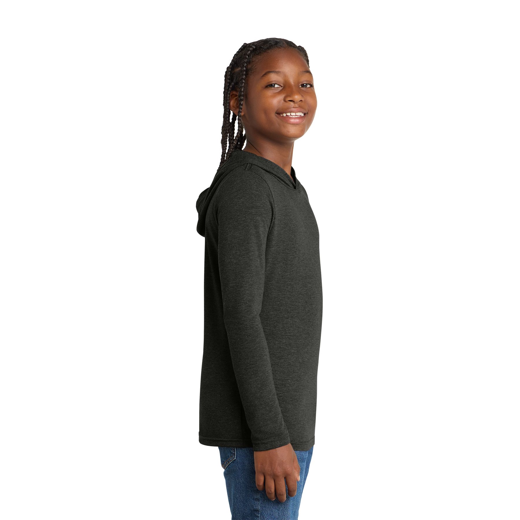 Black Frost District Youth Perfect Tri® Long Sleeve Hoodie in a soft tri-blend fabric, featuring long sleeves, a hood, and a lightweight design in a versatile style for youth teams, schools, events, and casual layering.