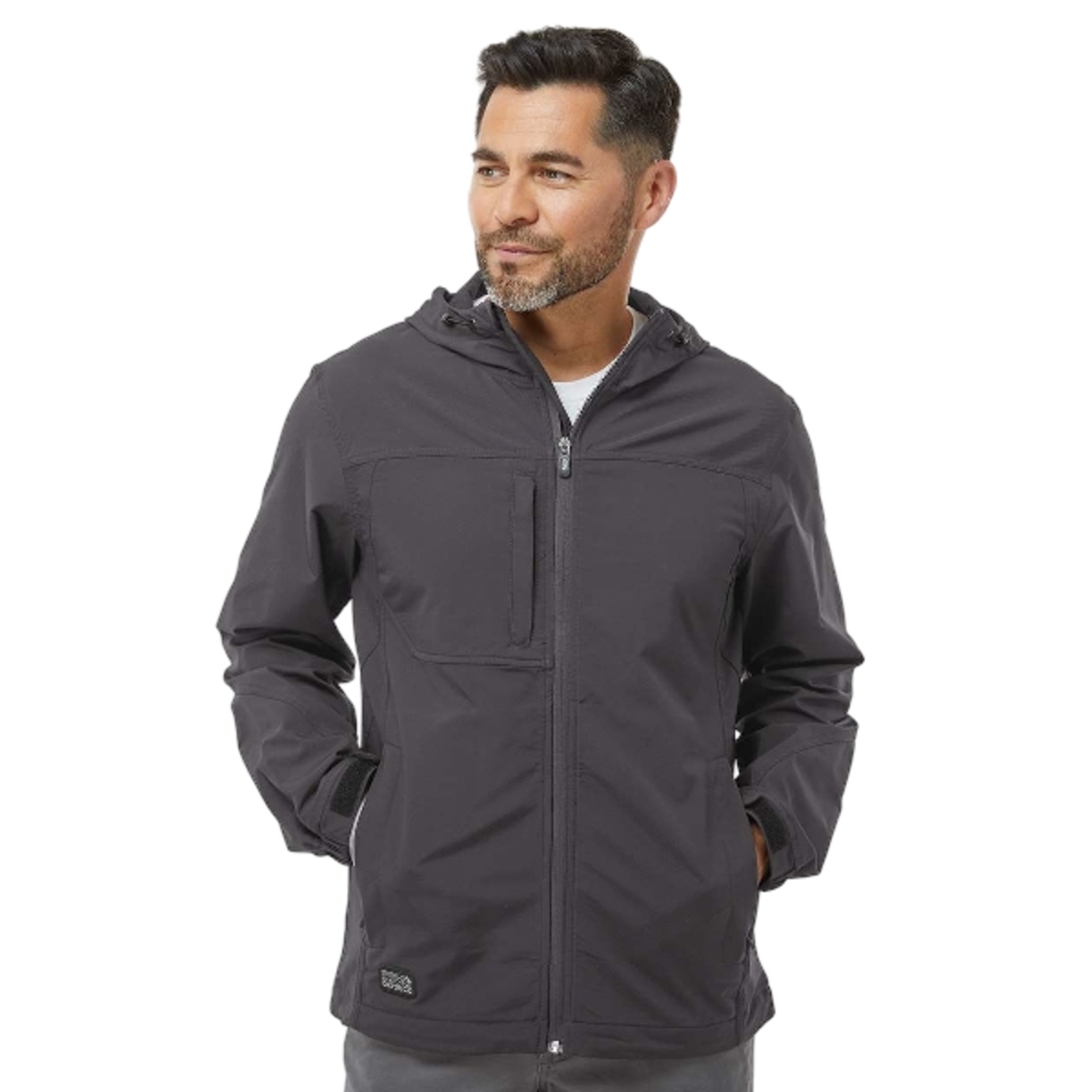 All-season softshell jacket with wind and water resistance, four-way stretch, adjustable hood, zippered pockets, adjustable cuffs and hem, and media port.