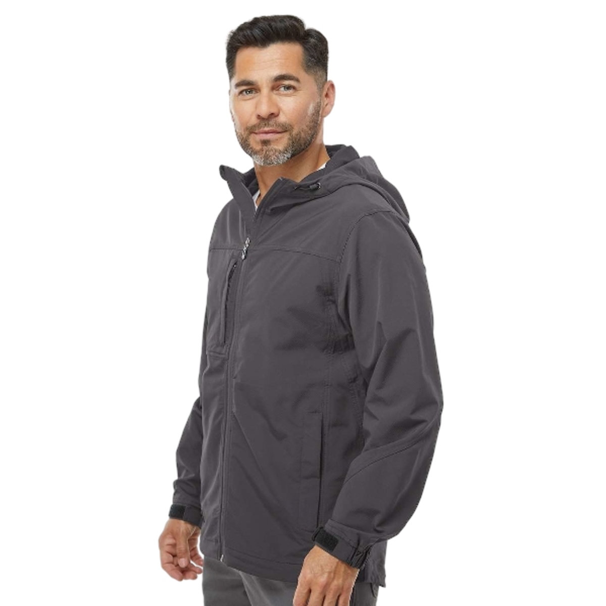All-season softshell jacket with wind and water resistance, four-way stretch, adjustable hood, zippered pockets, adjustable cuffs and hem, and media port.