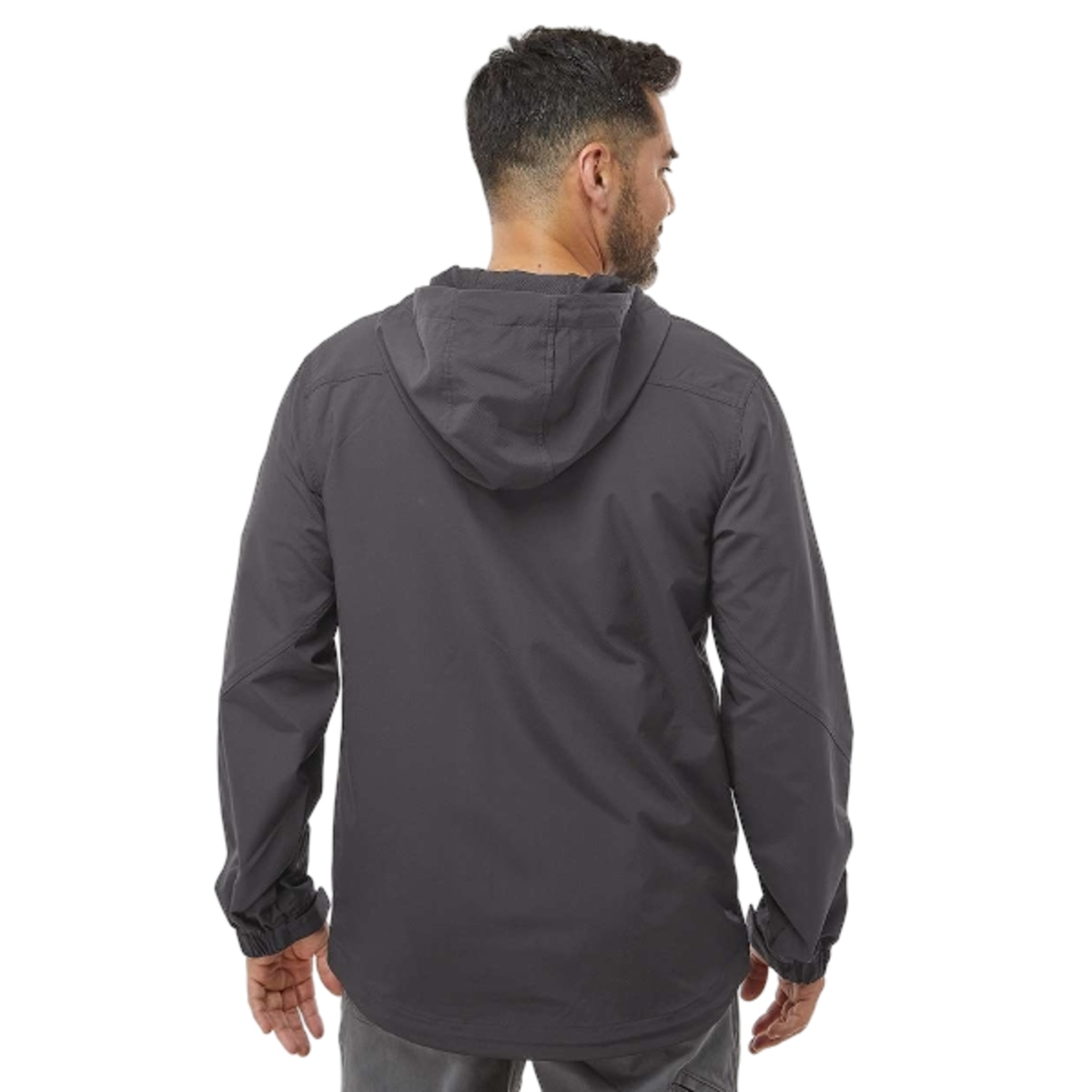 All-season softshell jacket with wind and water resistance, four-way stretch, adjustable hood, zippered pockets, adjustable cuffs and hem, and media port.