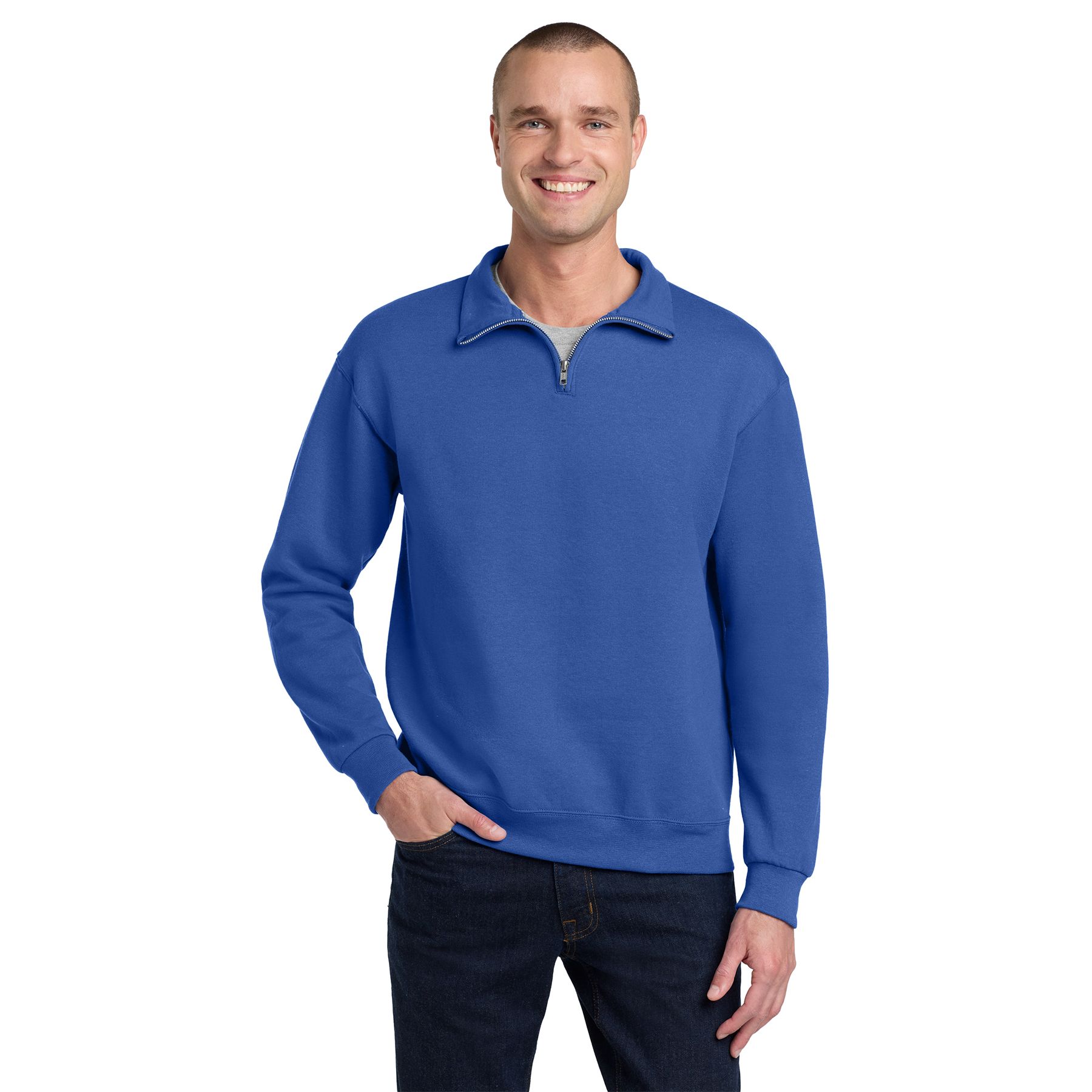 Royal Jerzees NuBlend® quarter-zip cadet collar sweatshirt featuring pill-resistant fleece, a covered zipper, rib knit cuffs and waistband, and a classic pullover design.