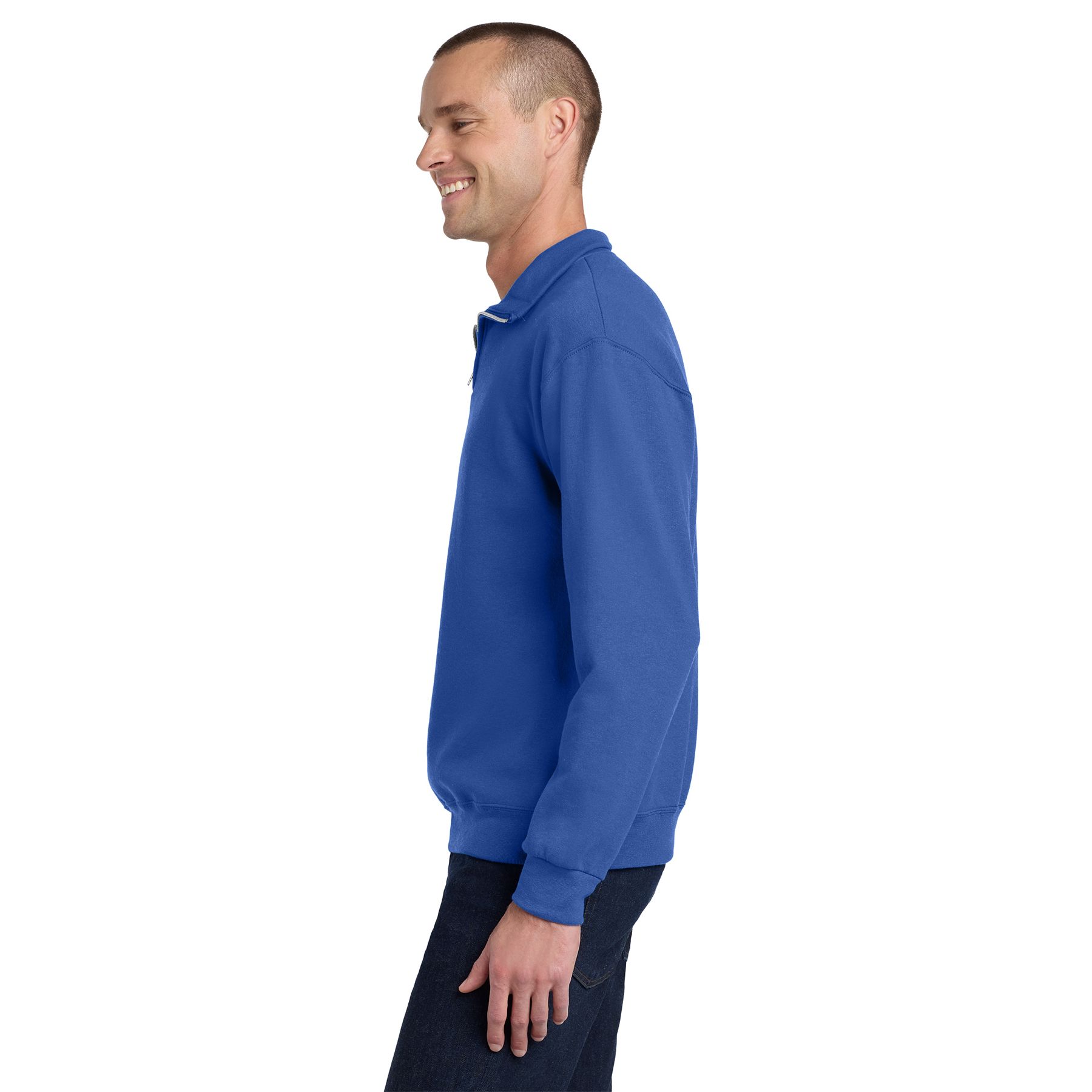 Royal Jerzees NuBlend® quarter-zip cadet collar sweatshirt featuring pill-resistant fleece, a covered zipper, rib knit cuffs and waistband, and a classic pullover design.
