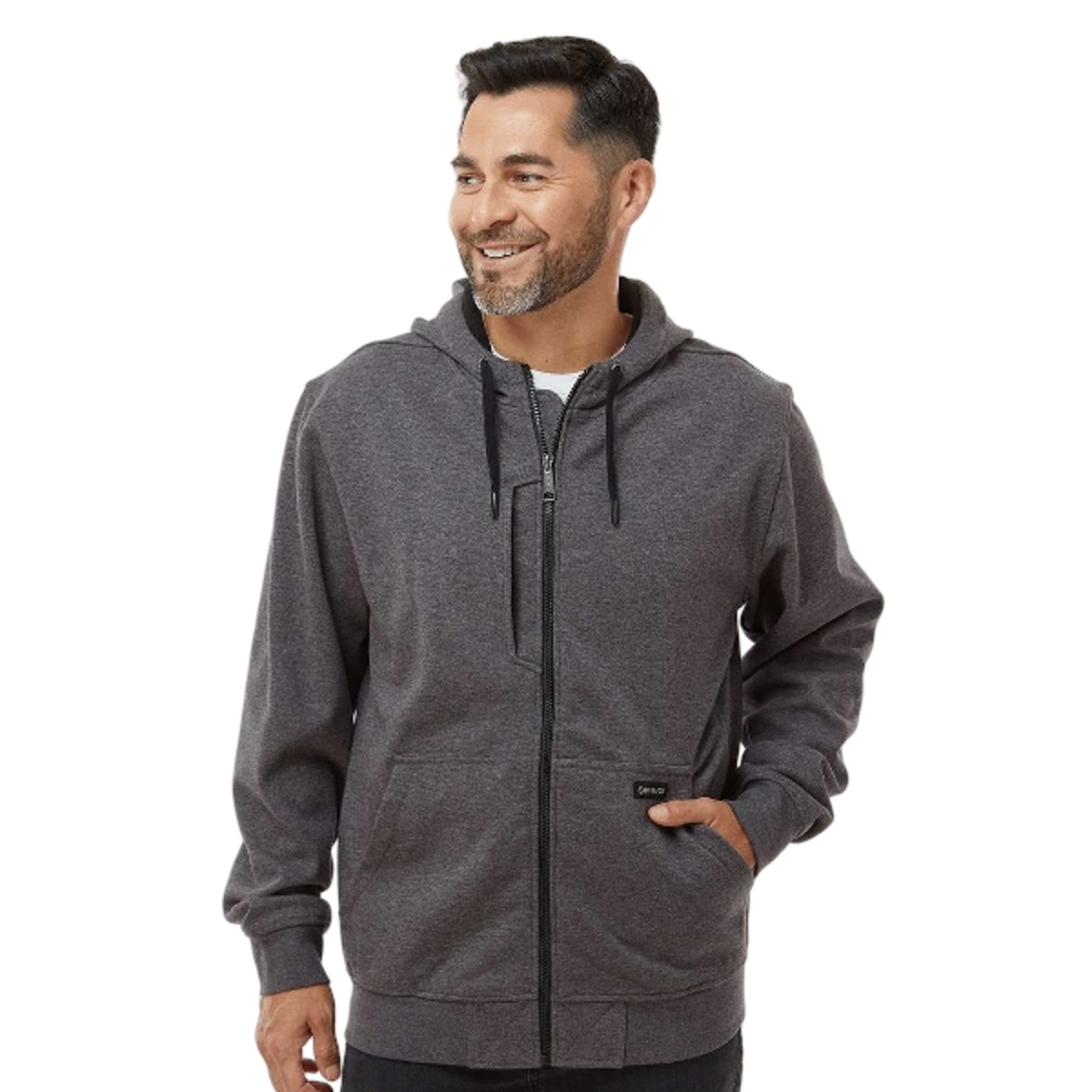 Power Fleece™ hoodie with a cotton face, warm brushed interior, three-piece scuba hood, zippered chest pocket, split pouch pocket, and ribbed cuffs and waistband.