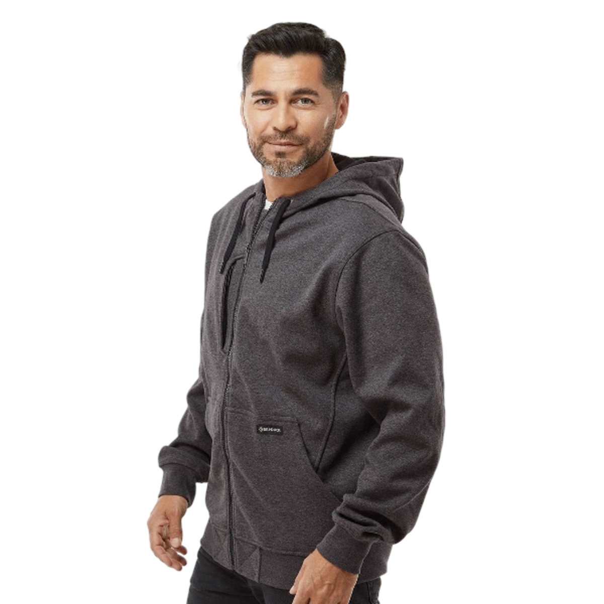 Power Fleece™ hoodie with a cotton face, warm brushed interior, three-piece scuba hood, zippered chest pocket, split pouch pocket, and ribbed cuffs and waistband.