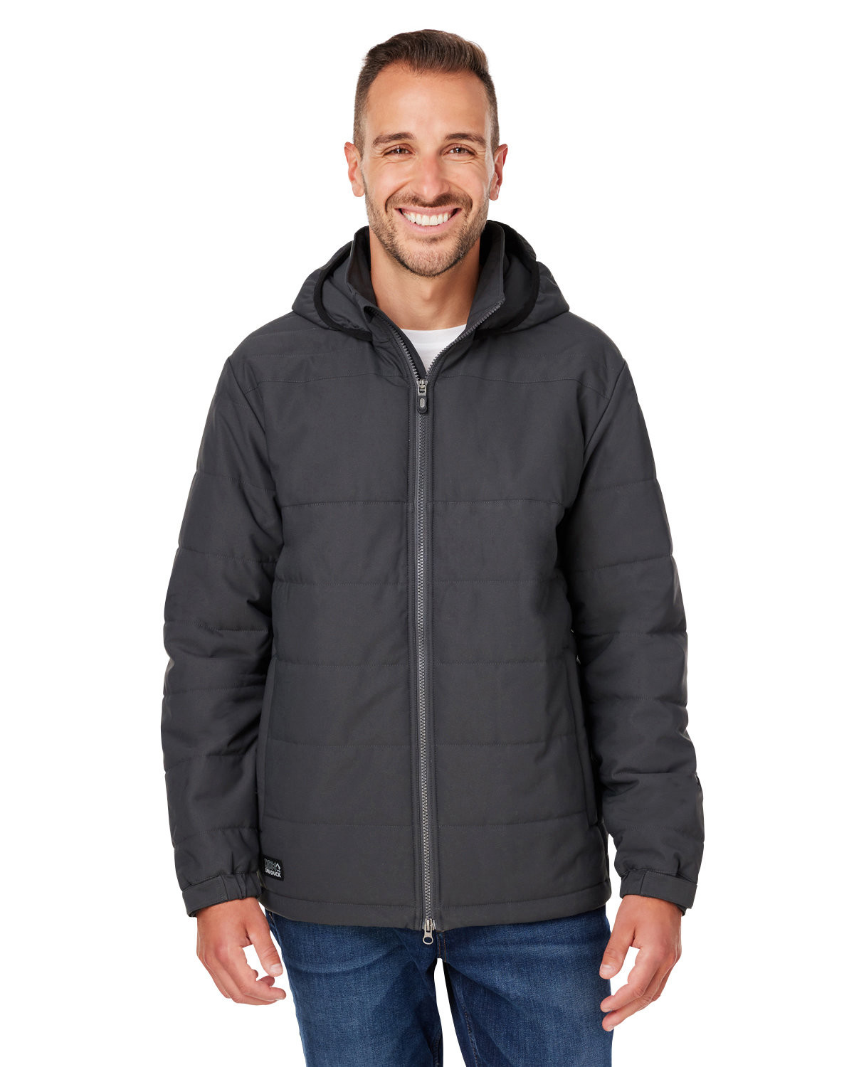 Insulated stretch jacket with 3M™ Thinsulate™ insulation, DWR water resistance, four-way stretch, three-piece hood, two-way zipper, and multiple zippered pockets.