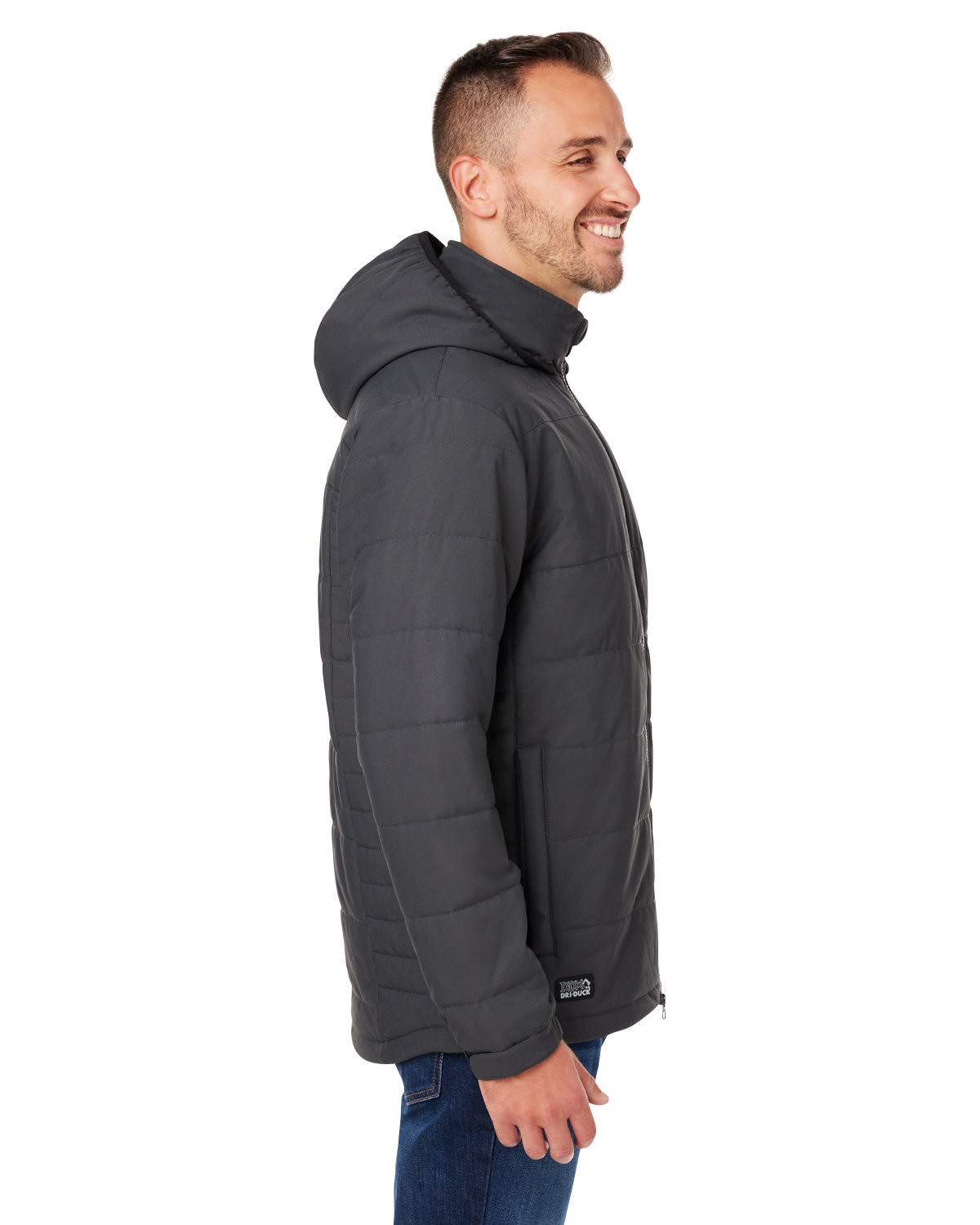 Insulated stretch jacket with 3M™ Thinsulate™ insulation, DWR water resistance, four-way stretch, three-piece hood, two-way zipper, and multiple zippered pockets.