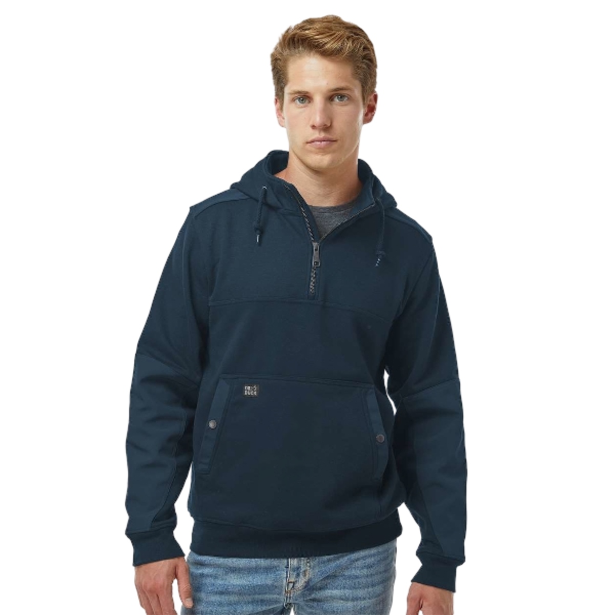 CVC fleece hoodie with thermal waffle-knit hood lining, DWR water-repellent finish, three-piece hood, YKK metal zipper, and snap-closure pouch pockets.