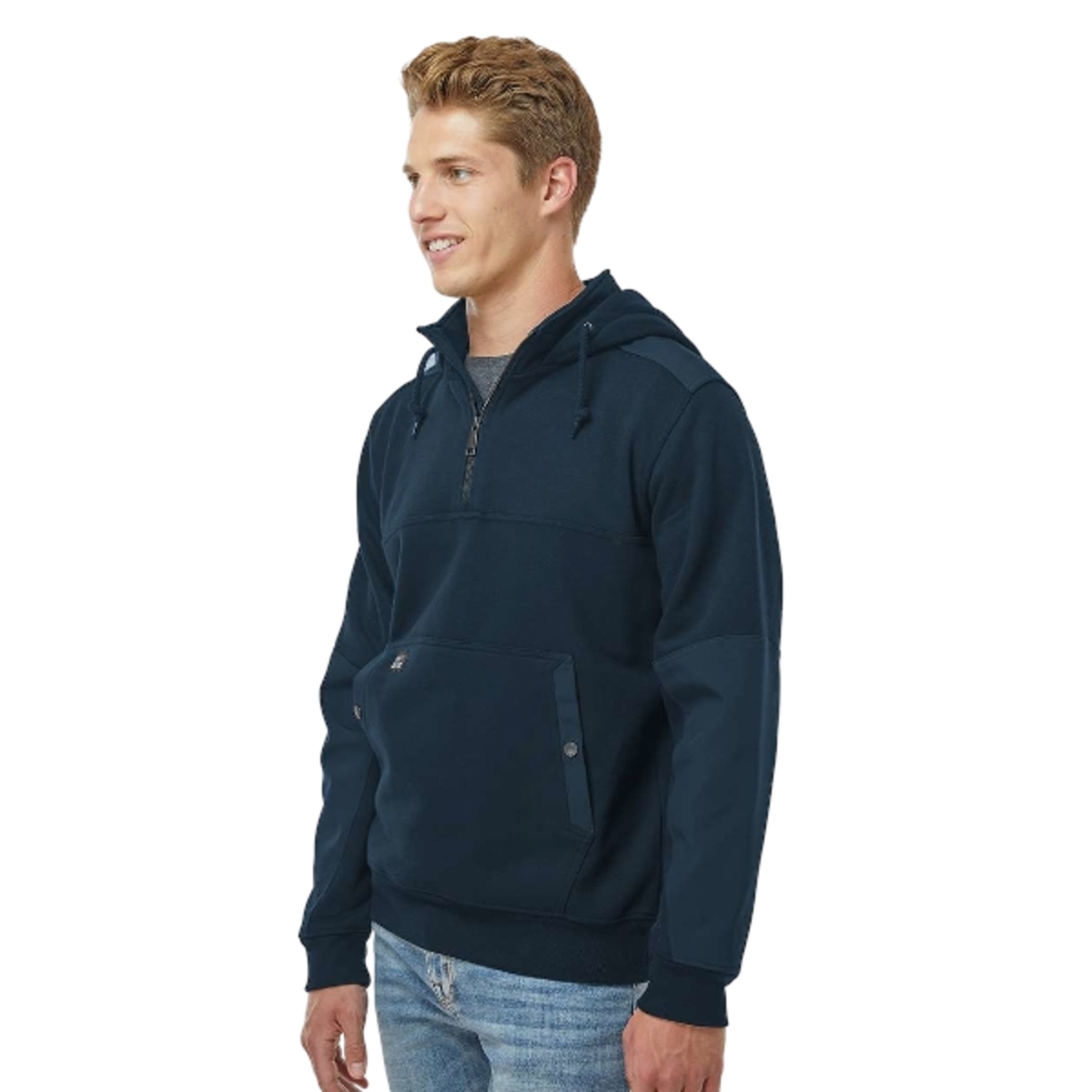 CVC fleece hoodie with thermal waffle-knit hood lining, DWR water-repellent finish, three-piece hood, YKK metal zipper, and snap-closure pouch pockets.