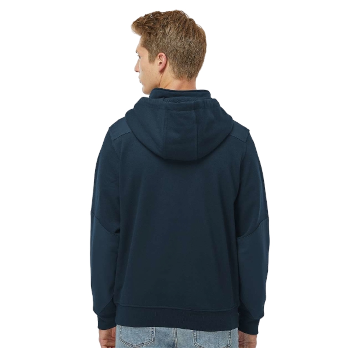 CVC fleece hoodie with thermal waffle-knit hood lining, DWR water-repellent finish, three-piece hood, YKK metal zipper, and snap-closure pouch pockets.