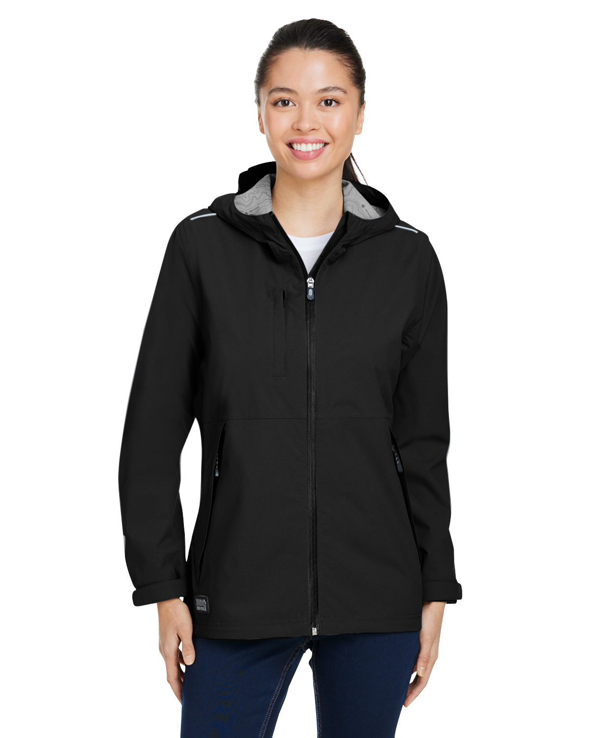 Waterproof stretch jacket with seam-sealed construction, four-way stretch, reflective trim, scuba hood, waterproof zippers, ventilation openings, and adjustable cuffs.