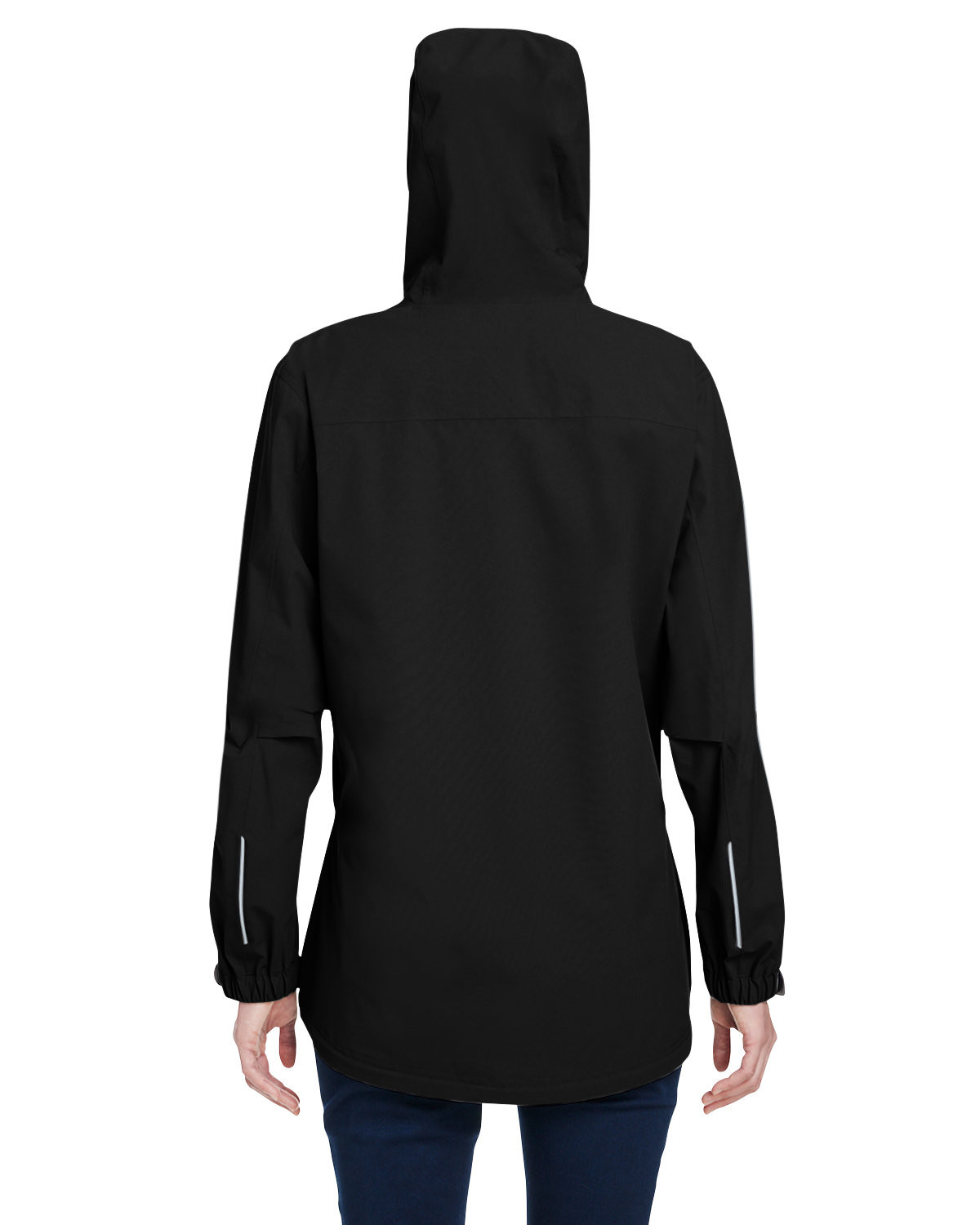 Waterproof stretch jacket with seam-sealed construction, four-way stretch, reflective trim, scuba hood, waterproof zippers, ventilation openings, and adjustable cuffs.