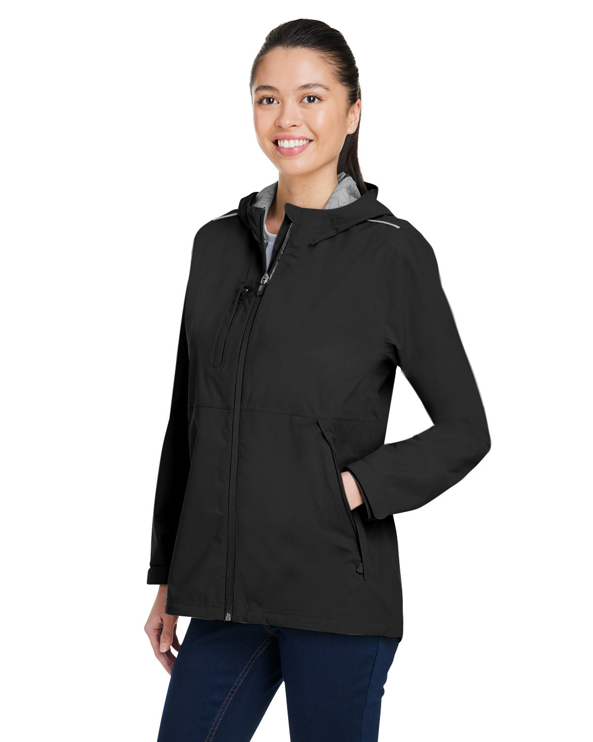 Waterproof stretch jacket with seam-sealed construction, four-way stretch, reflective trim, scuba hood, waterproof zippers, ventilation openings, and adjustable cuffs.