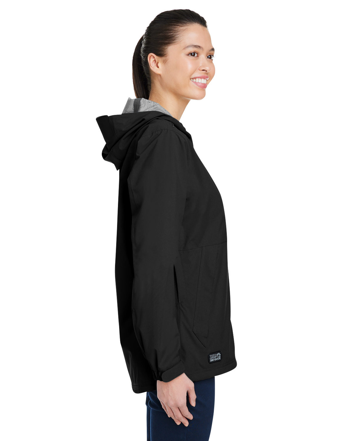 Waterproof stretch jacket with seam-sealed construction, four-way stretch, reflective trim, scuba hood, waterproof zippers, ventilation openings, and adjustable cuffs.