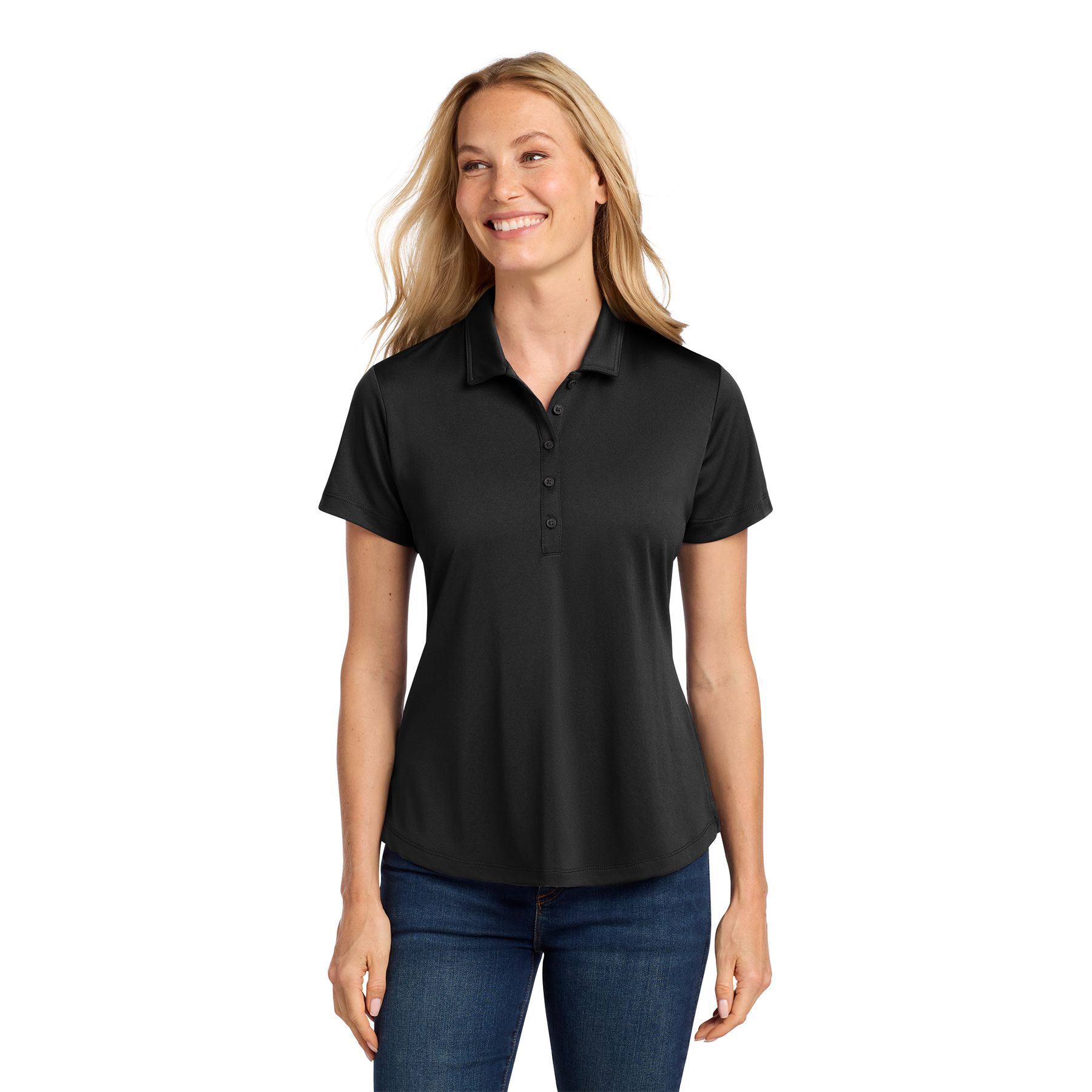 Deep Black Port Authority Women's C-FREE™ Snag-Proof Polo in recycled polyester jersey, featuring a self-fabric collar, five-button placket, side vents, and rounded hem for polished office and workplace wear.