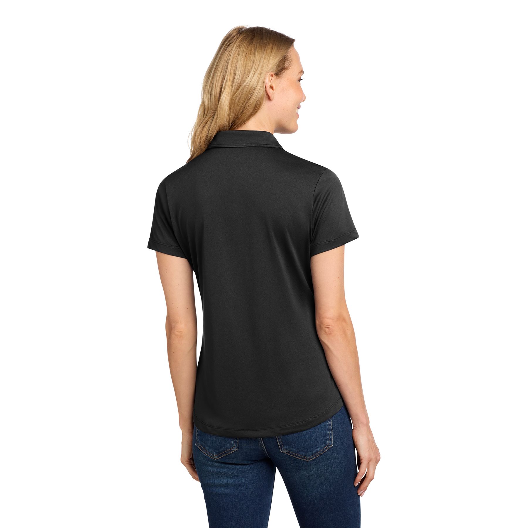 Deep Black Port Authority Women's C-FREE™ Snag-Proof Polo in recycled polyester jersey, featuring a self-fabric collar, five-button placket, side vents, and rounded hem for polished office and workplace wear.