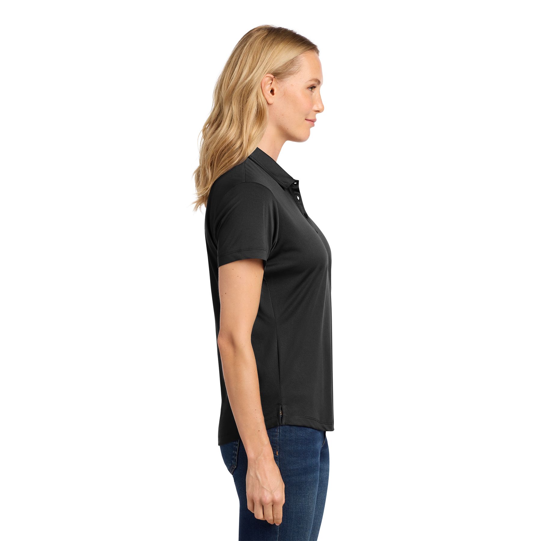 Deep Black Port Authority Women's C-FREE™ Snag-Proof Polo in recycled polyester jersey, featuring a self-fabric collar, five-button placket, side vents, and rounded hem for polished office and workplace wear.