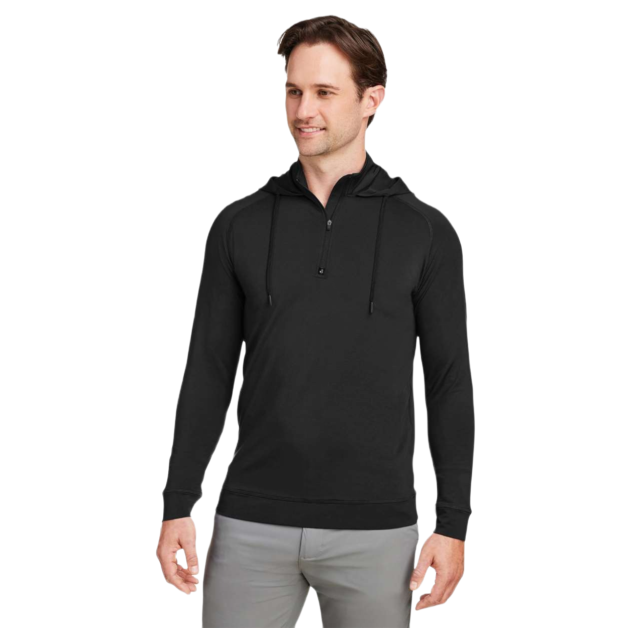 Black/Black unisex hooded quarter-zip pullover made from a lightweight polyester and spandex blend with full stretch, a drawcord hood, and a semi-lock front zipper.