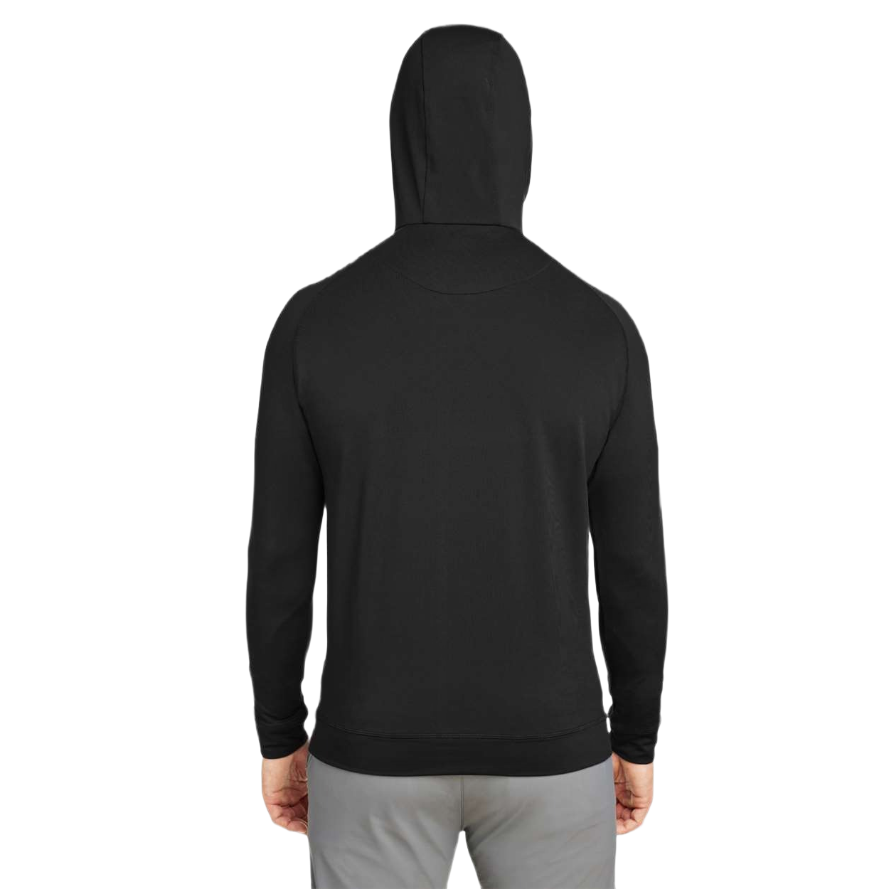 Black/Black unisex hooded quarter-zip pullover made from a lightweight polyester and spandex blend with full stretch, a drawcord hood, and a semi-lock front zipper.