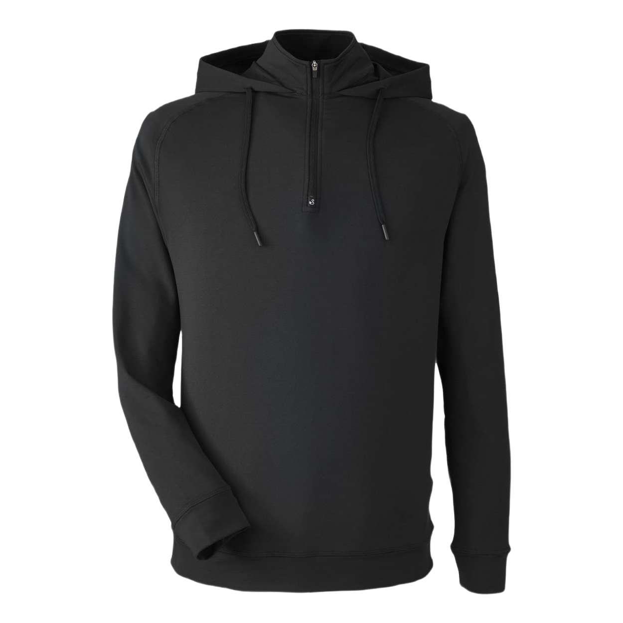 Black/Black unisex hooded quarter-zip pullover made from a lightweight polyester and spandex blend with full stretch, a drawcord hood, and a semi-lock front zipper.