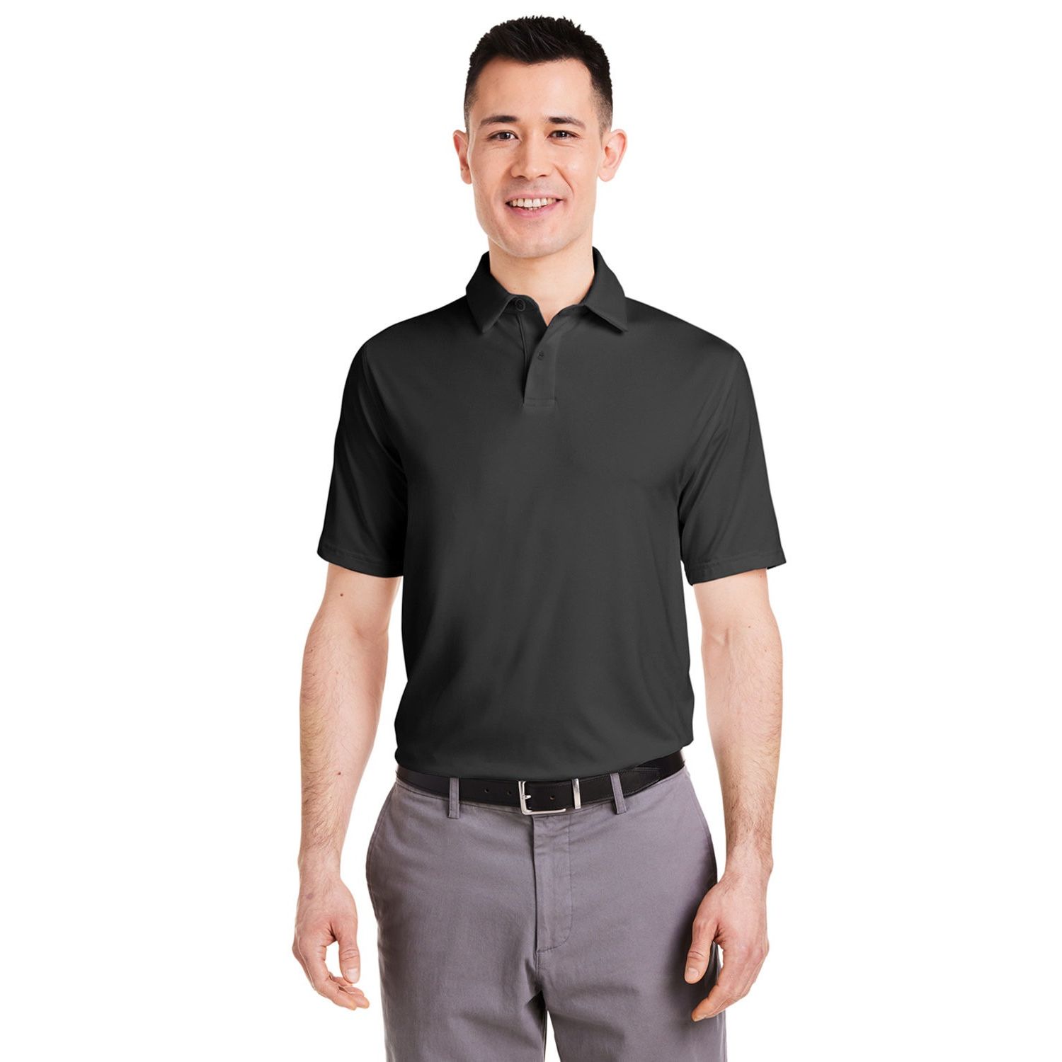 Black/White Under Armour Men’s Recycled Polo in a performance-style textured fabric, featuring a fuller fit, short sleeves, side-vent hem, contrast sleeve label, and center-back neck logo detail. Made from recycled polyester and elastane for a smooth, comfortable feel and moisture management.